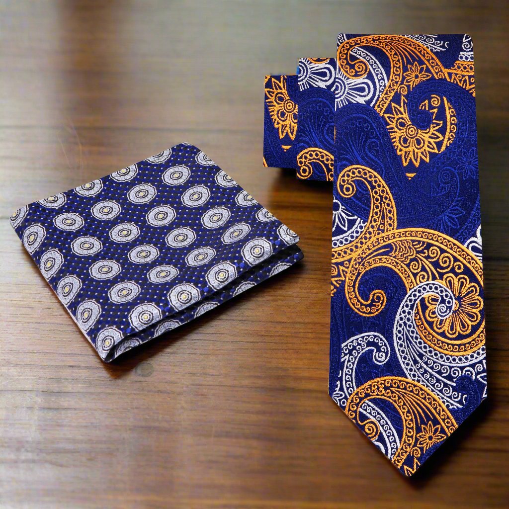 Alt View: Blue, Yellow Gold, White Paisley Tie and Accenting Blue Grey Yellow Geometric Square