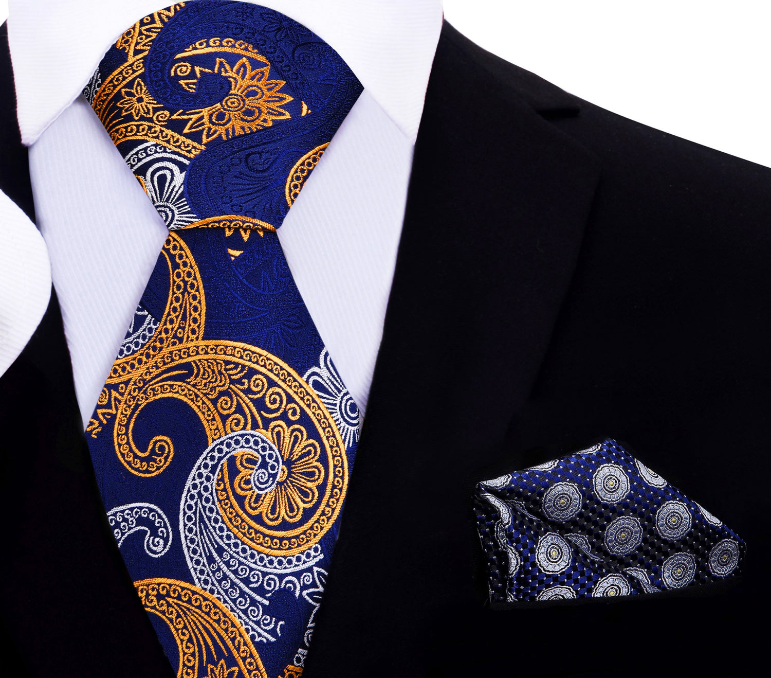 Blue, Yellow Gold, White Paisley Tie and Accenting Blue Grey Yellow Geometric Square