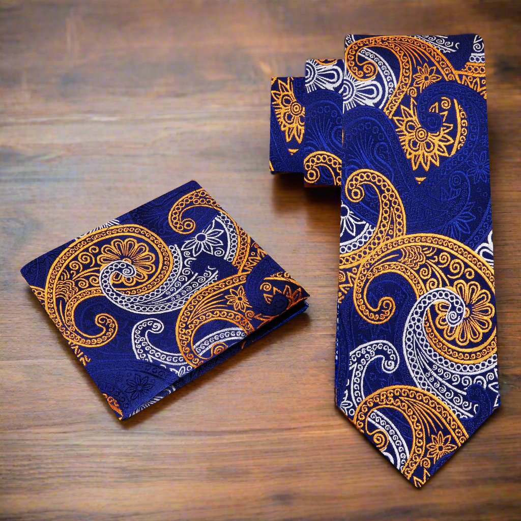 Alt View: Blue, Yellow Gold, White Paisley Tie and Matching Square