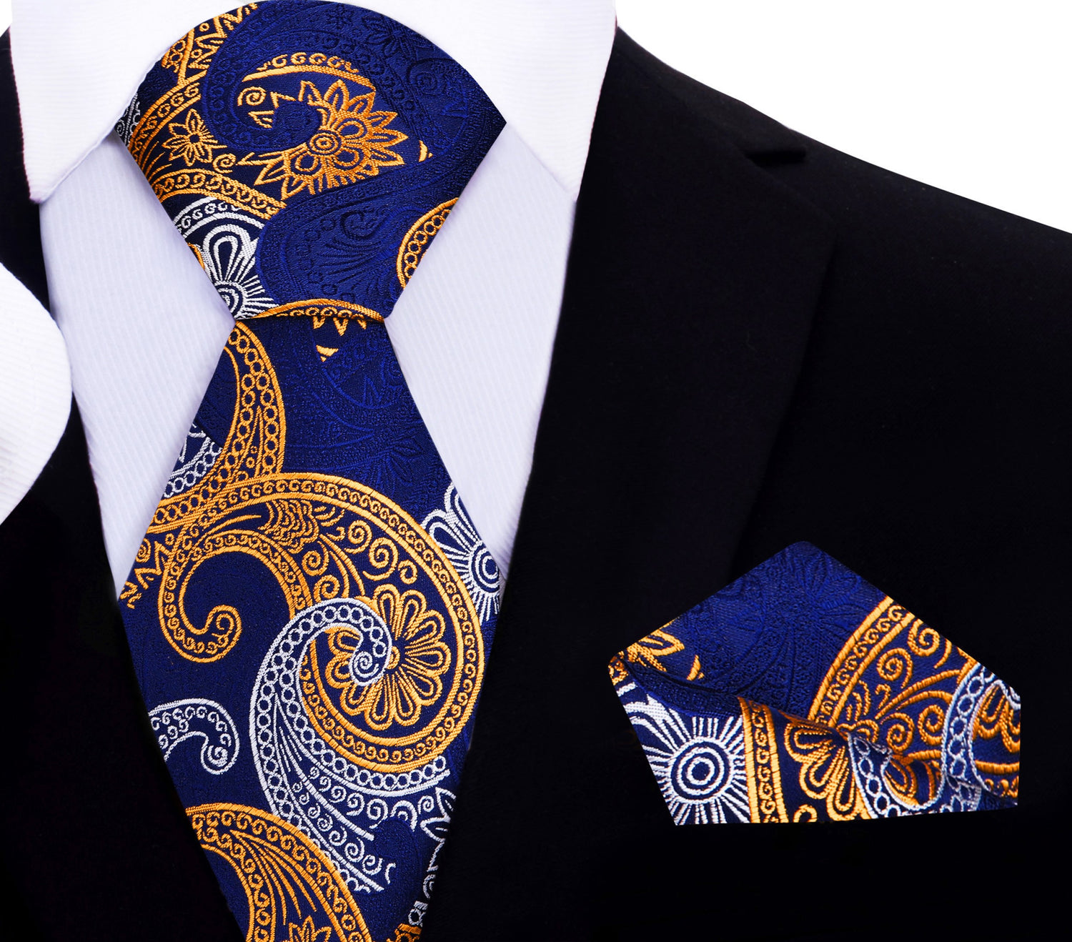 Blue, Yellow Gold, White Paisley Tie and Matching Square