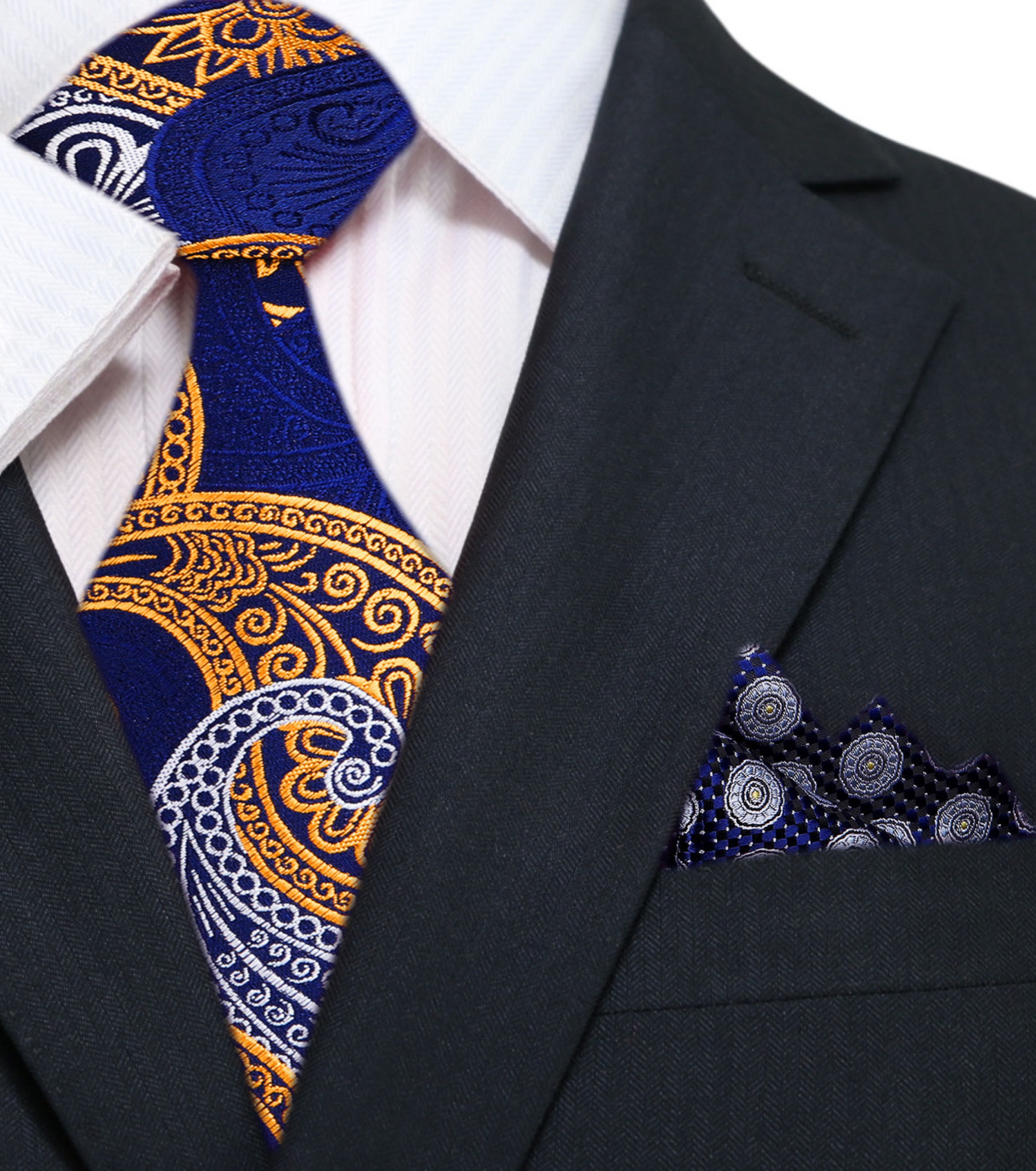 Main: Blue, Yellow Gold, White Paisley Tie and Accenting Blue Grey Yellow Geometric Square