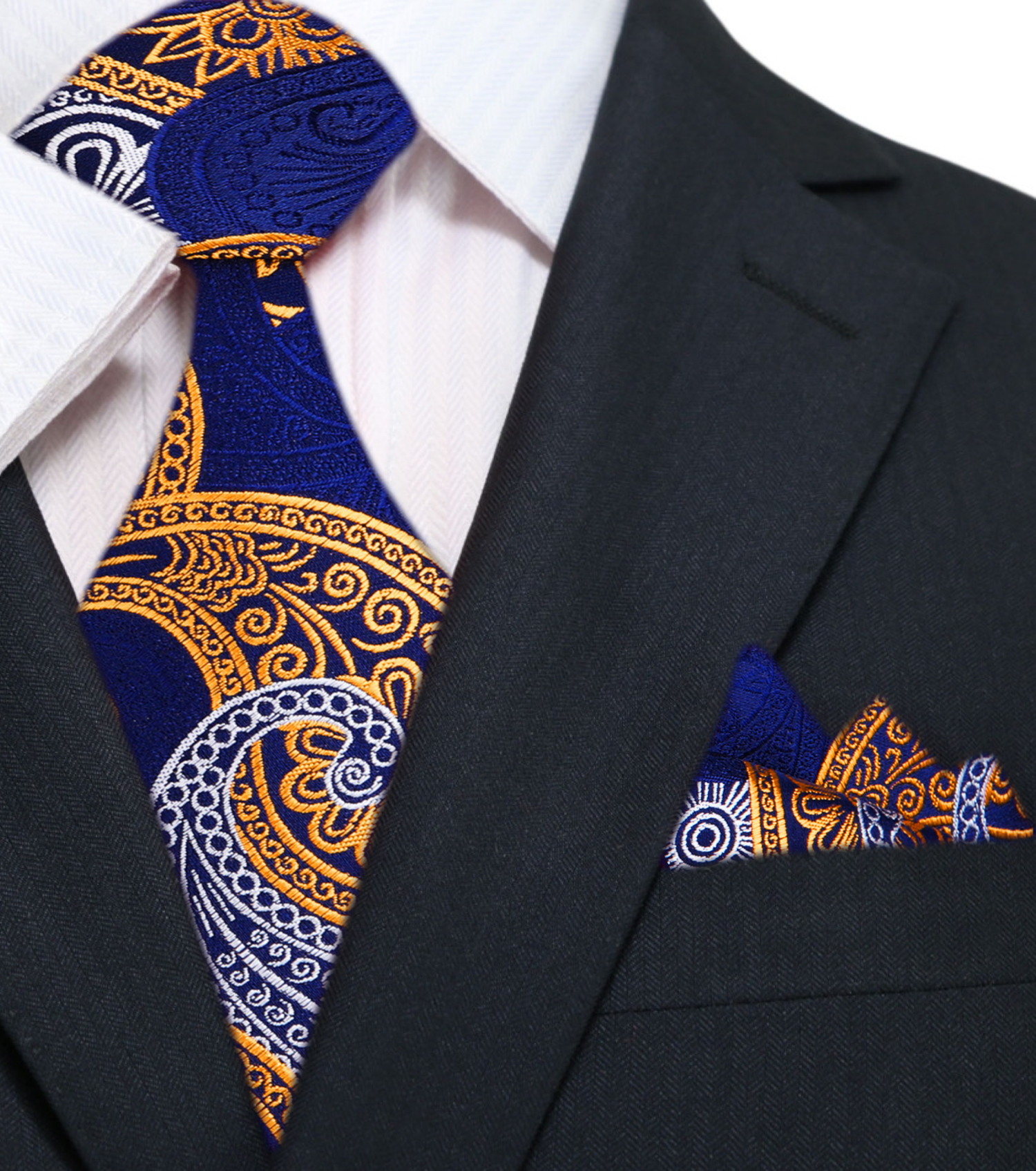 Main: A Dark Blue, Yellow, White Paisley Pattern Necktie With Matching Pocket Square