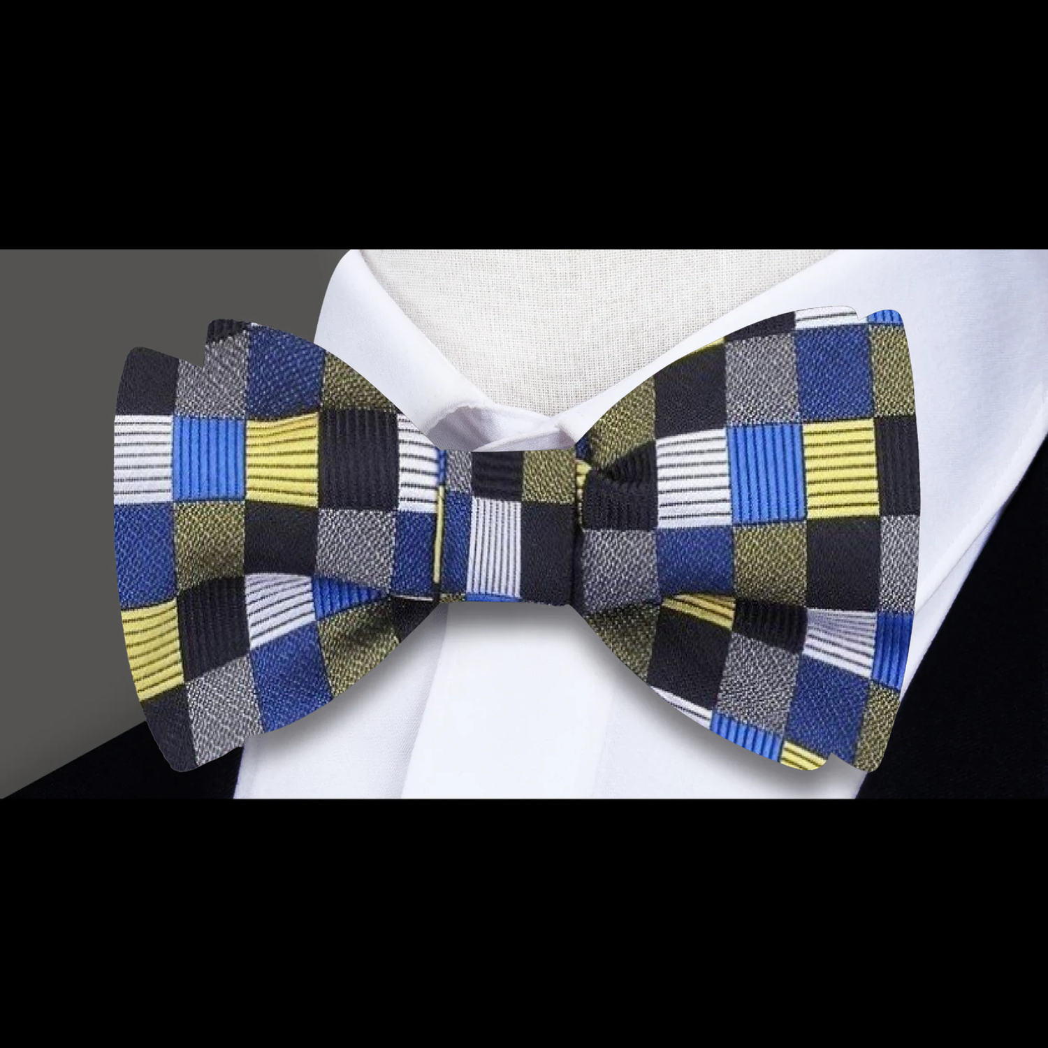 A Blue, Yellow, Grey, Black Geometric Squares Pattern Silk Self Tie Bow Tie
