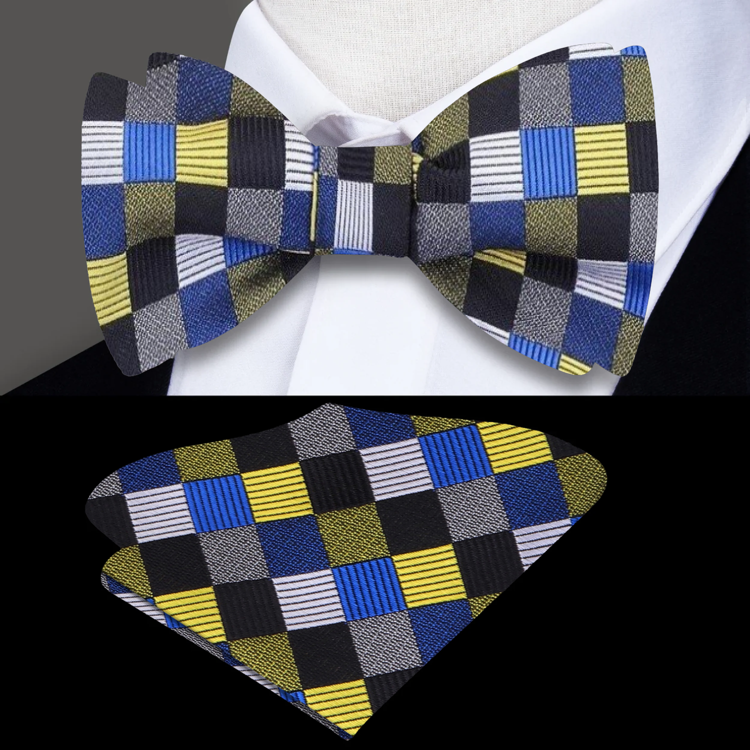 A Blue, Yellow, Grey, Black Geometric Squares Pattern Silk Self Tie Bow Tie, Pocket Square