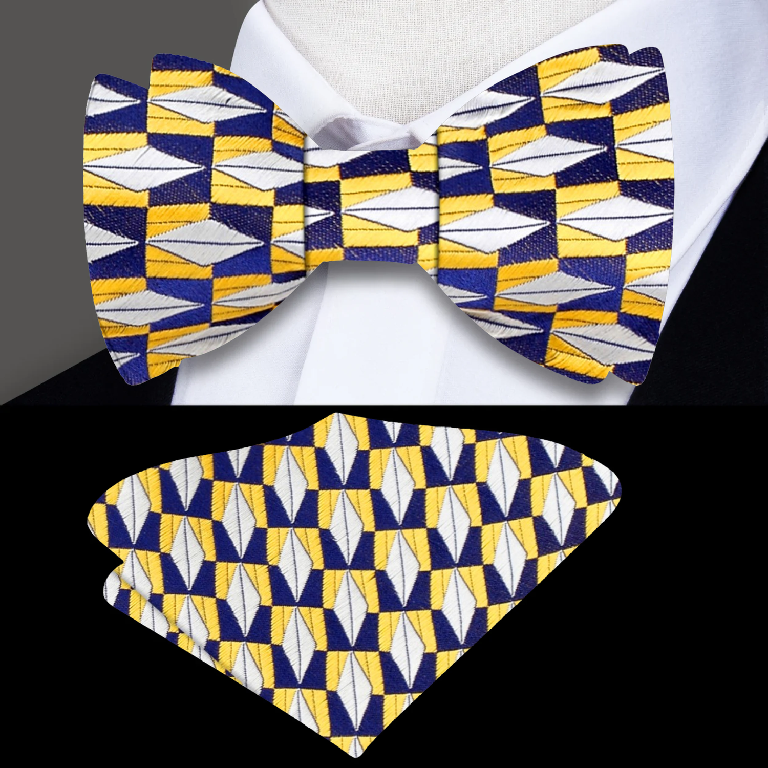 A Yellow, Blue, Grey Geometric Diamonds Pattern Silk Self Tie Bow Tie, Matching Pocket Square