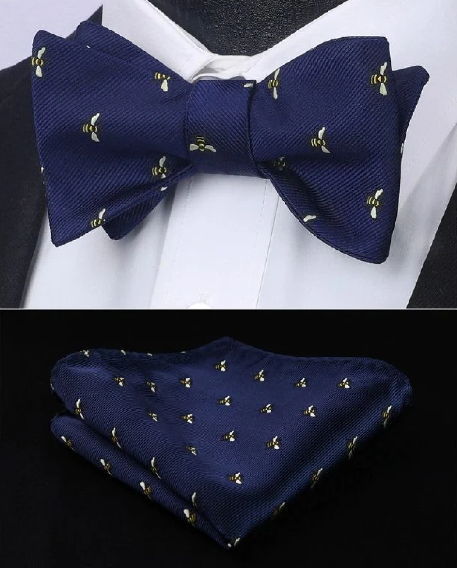 Blue Yellow Honey Bee Bow Tie and Pocket Square