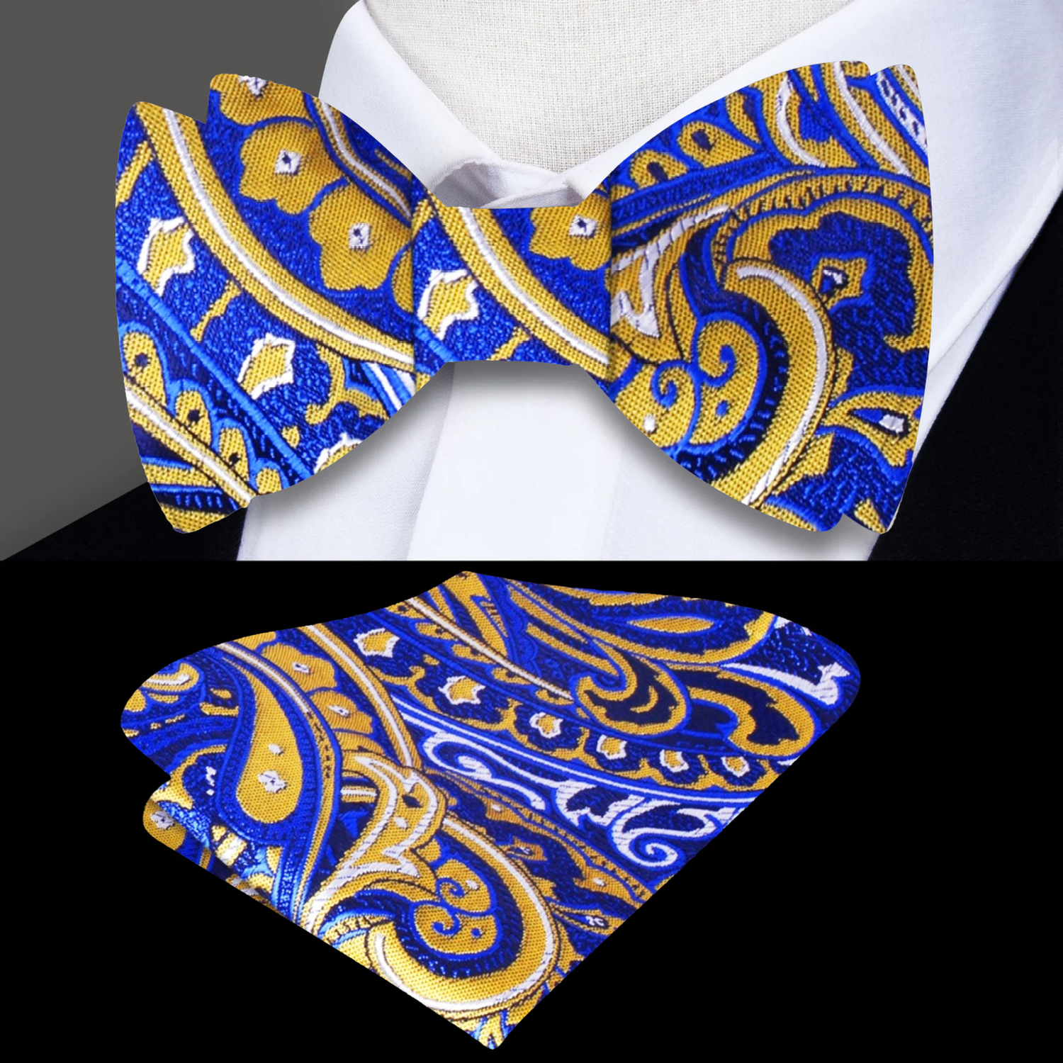 A Blue, Yellow Ornate Paisley Pattern Silk Self Tie Bow Tie, Pocket Square