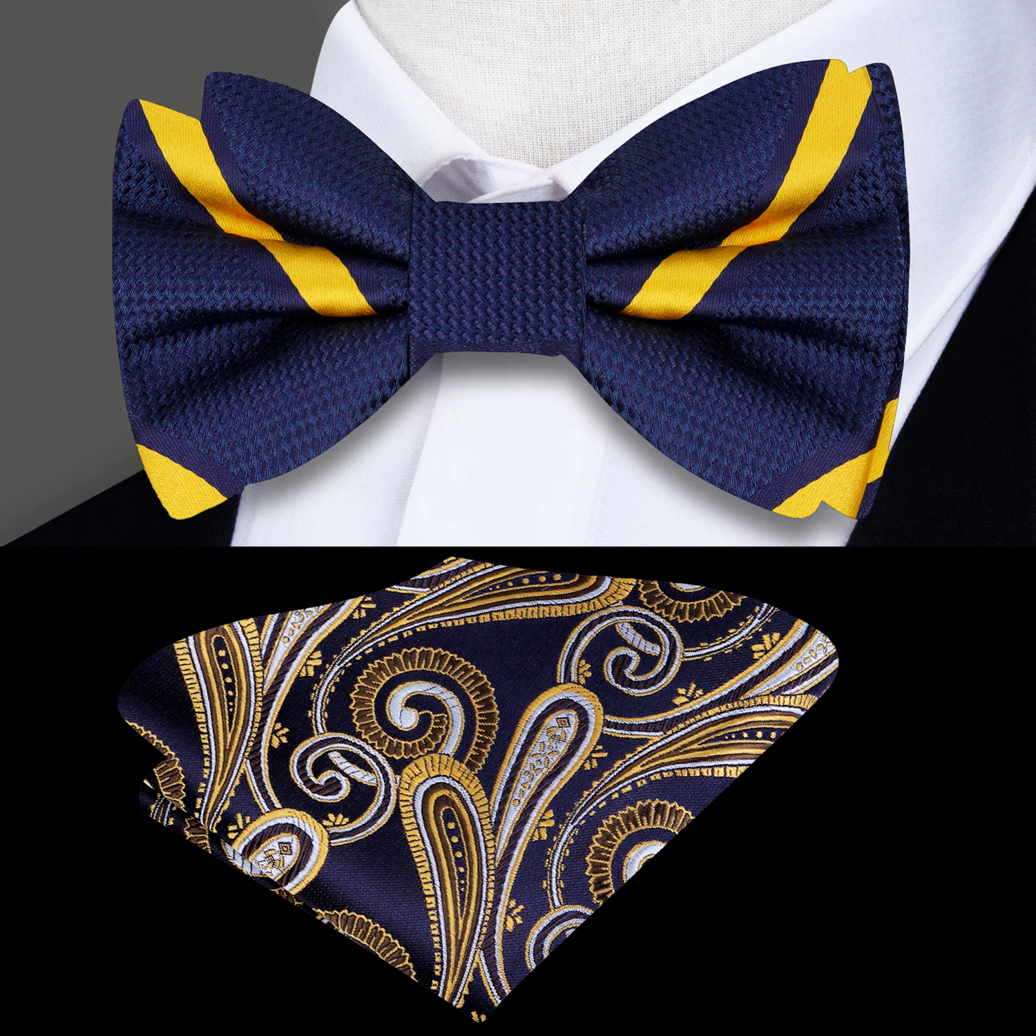 Main View: Blue, Yellow Gold Stripe Bow Tie and Pocket Square