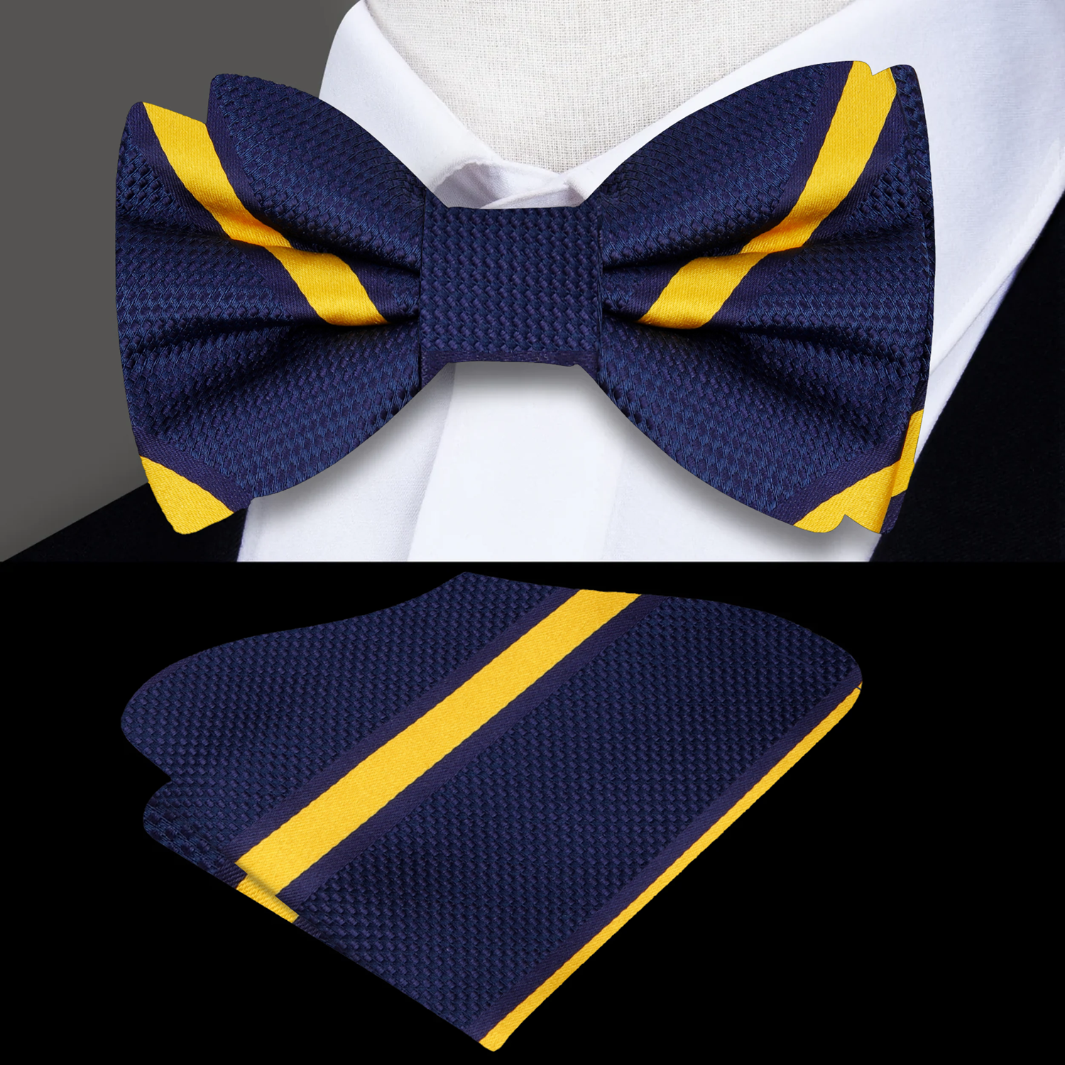 Main View: Blue, Yellow Gold Stripe Bow Tie and Pocket Square
