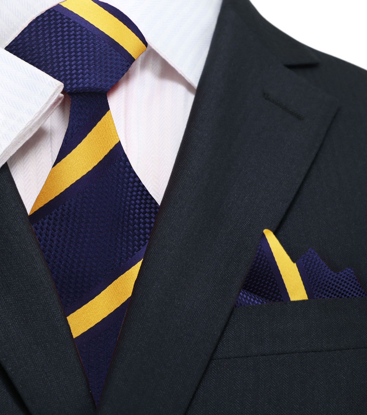 Dark Blue, Yellow Stripe Necktie and Matching Square