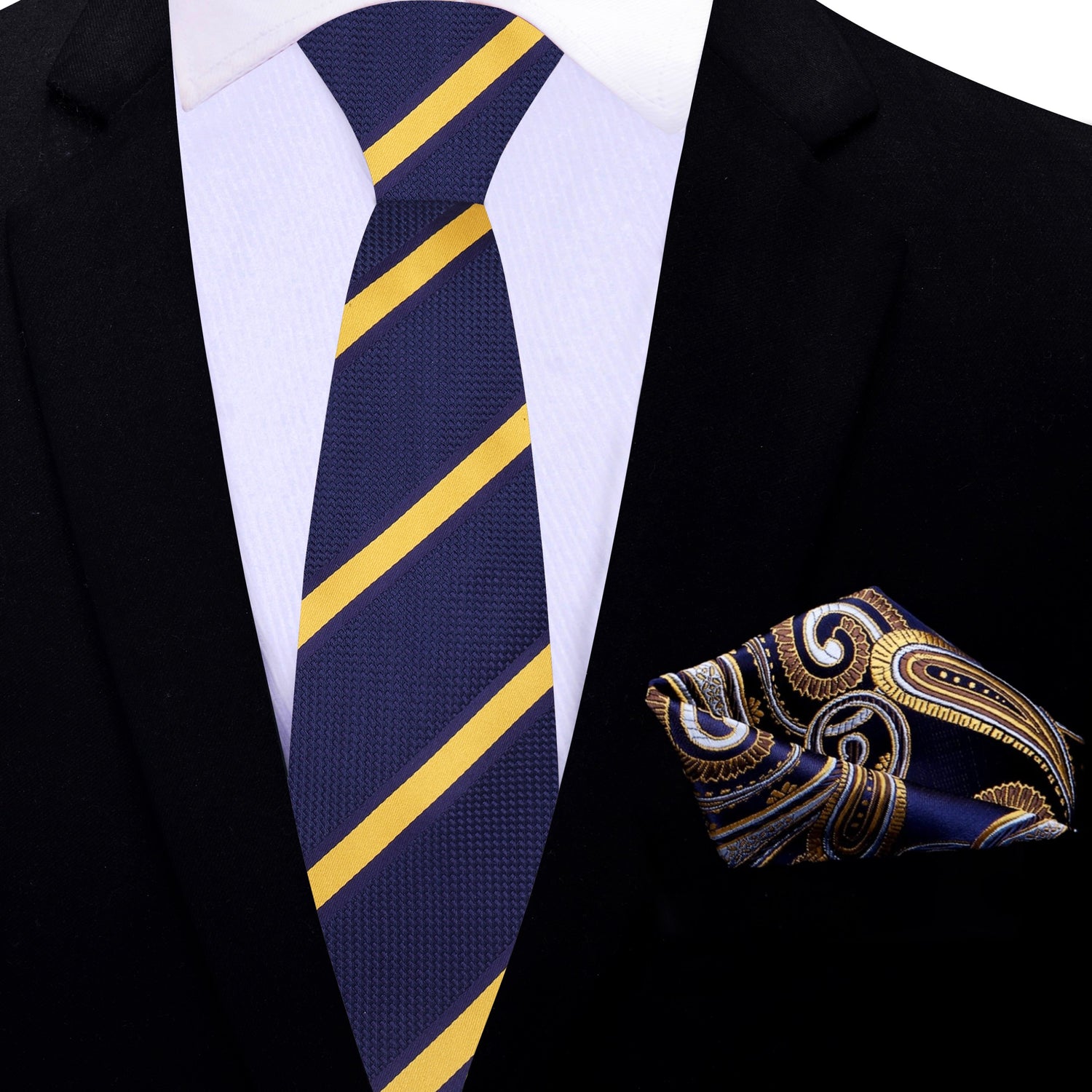 Thin Tie: Dark Blue, Yellow Stripe Necktie with Blue Yellow Paisley Square