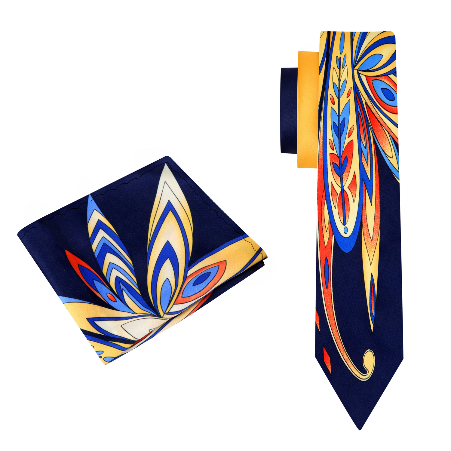 View 2: Blue, Yellow, Orange Paisley Thin Tie and Matching Square