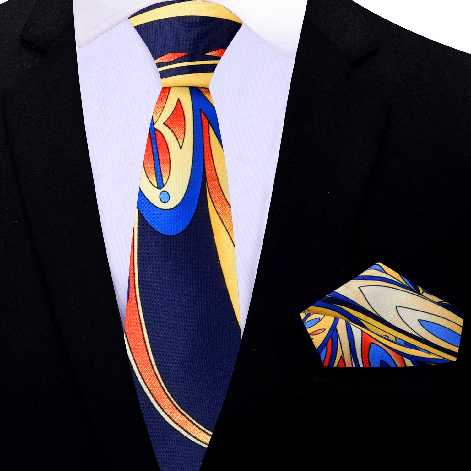 Blue, Yellow, Orange Paisley Thin Tie and Matching Square