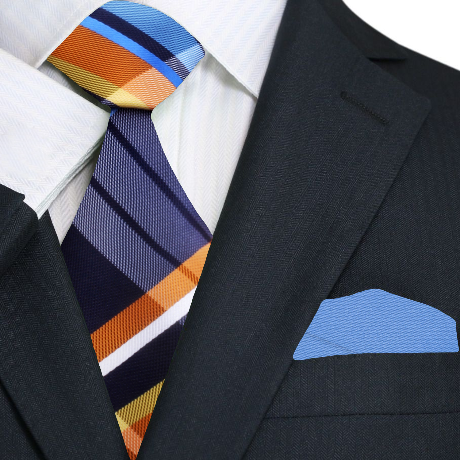 Main Blue, Orange, White Plaid Necktie and Blue Square