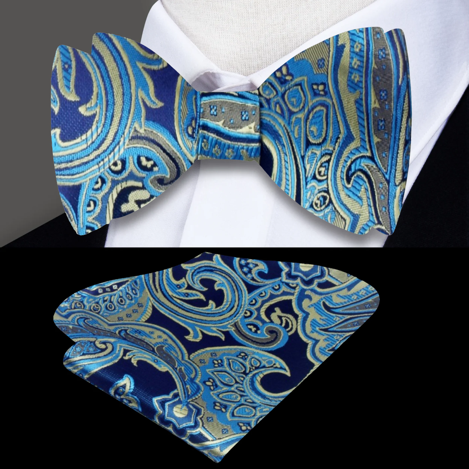 Blue, Yellow Paisley Bow Tie and Square
