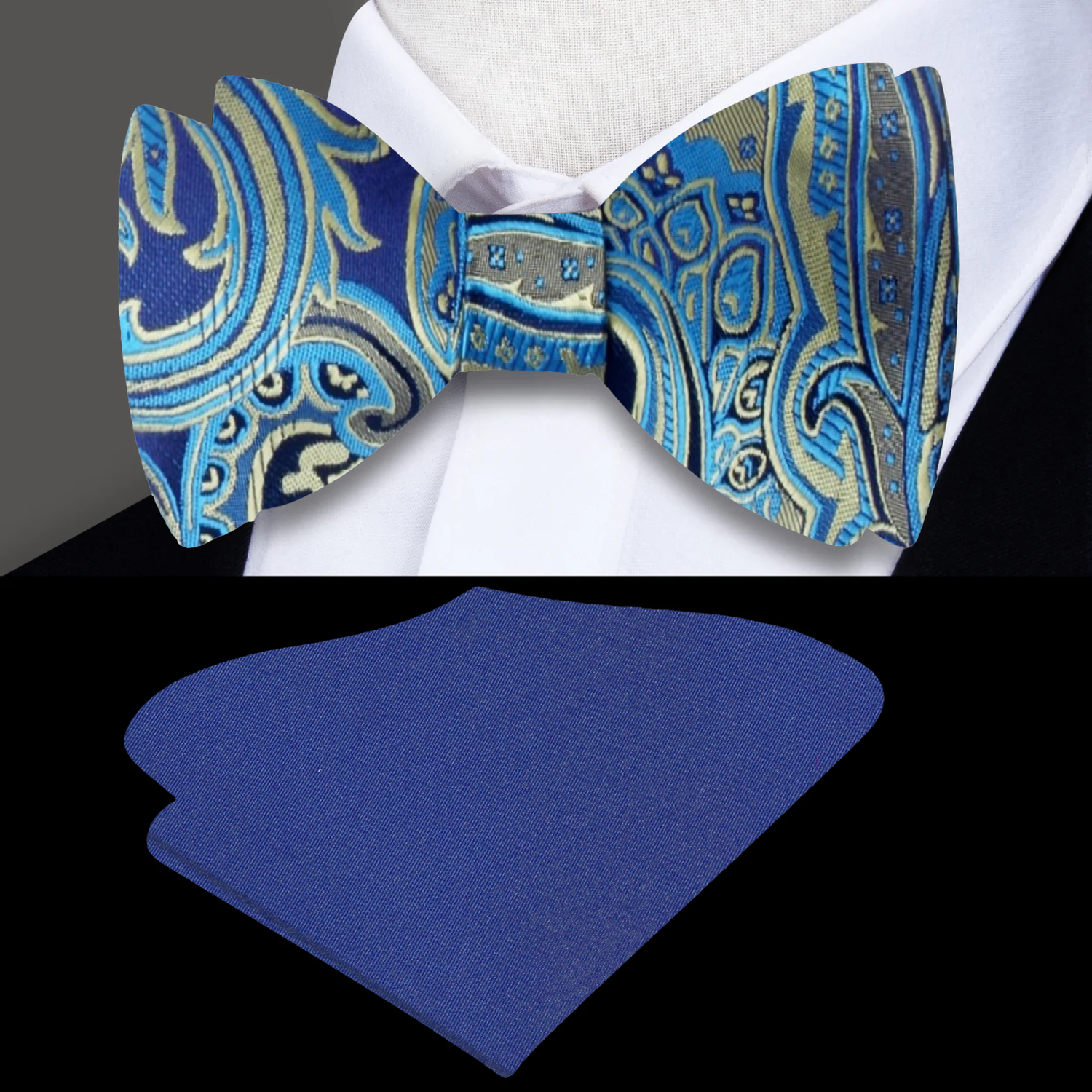 Blue, Yellow Paisley Bow Tie and Accenting Blue  Square