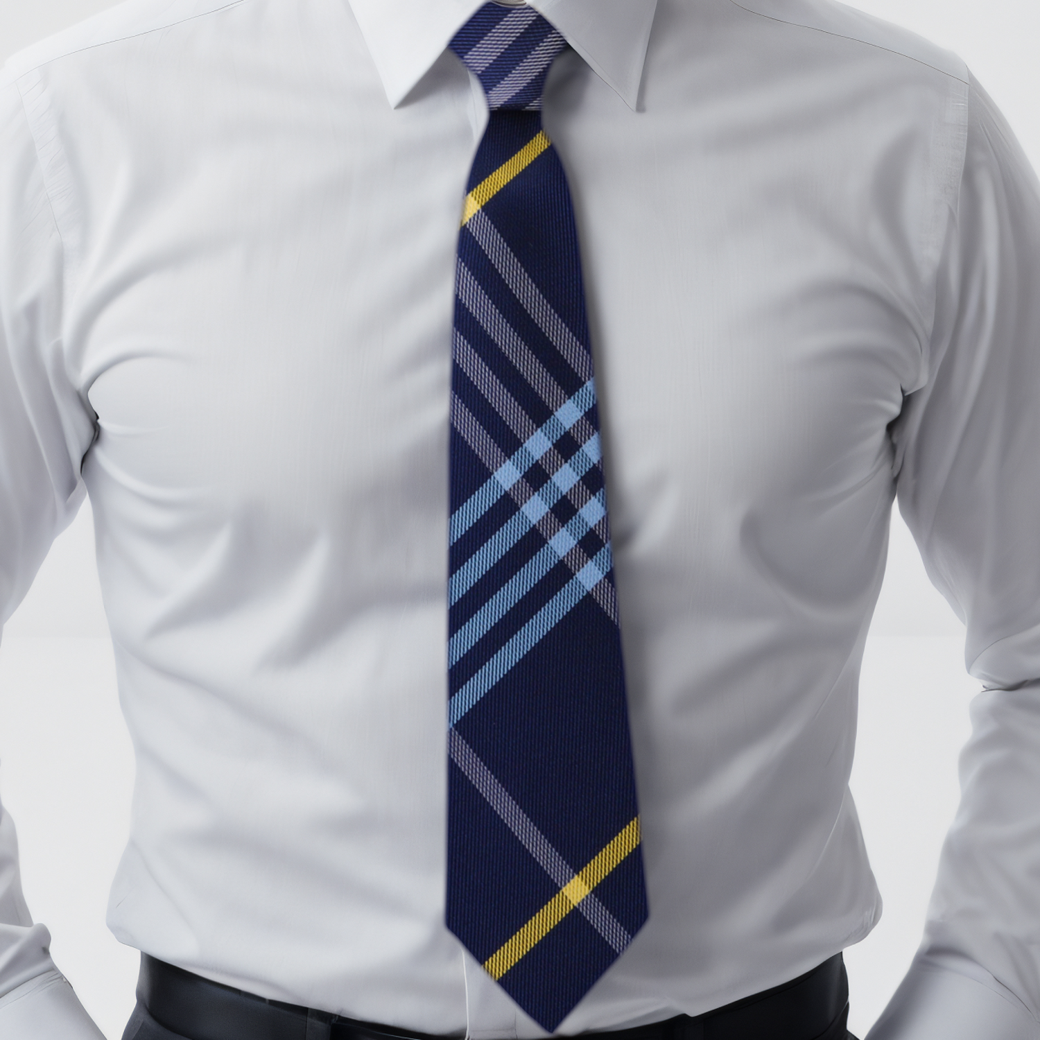Blue and Yellow Plaid Necktie On Man With White Shirt