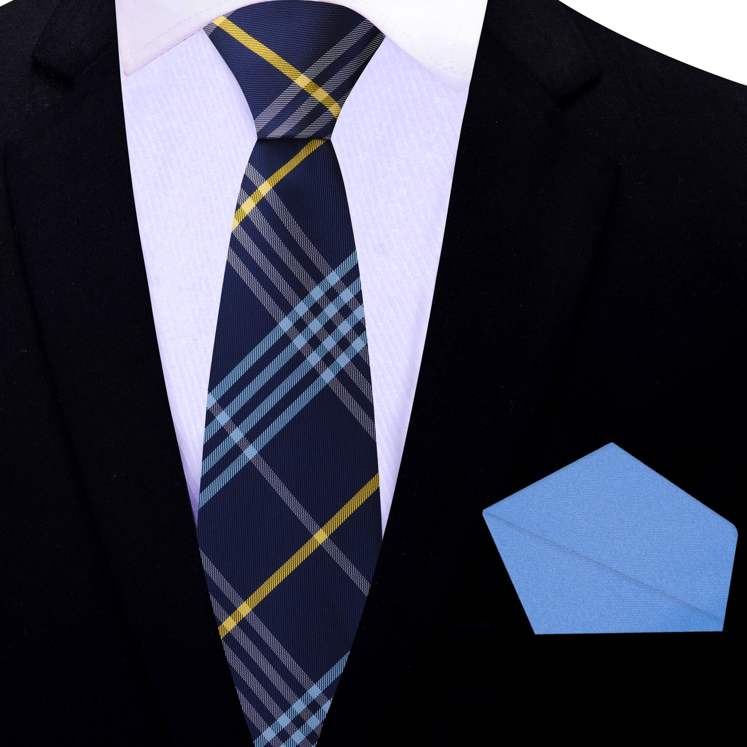 Thin Tie: Blue and Yellow Plaid Necktie with Light Blue Square