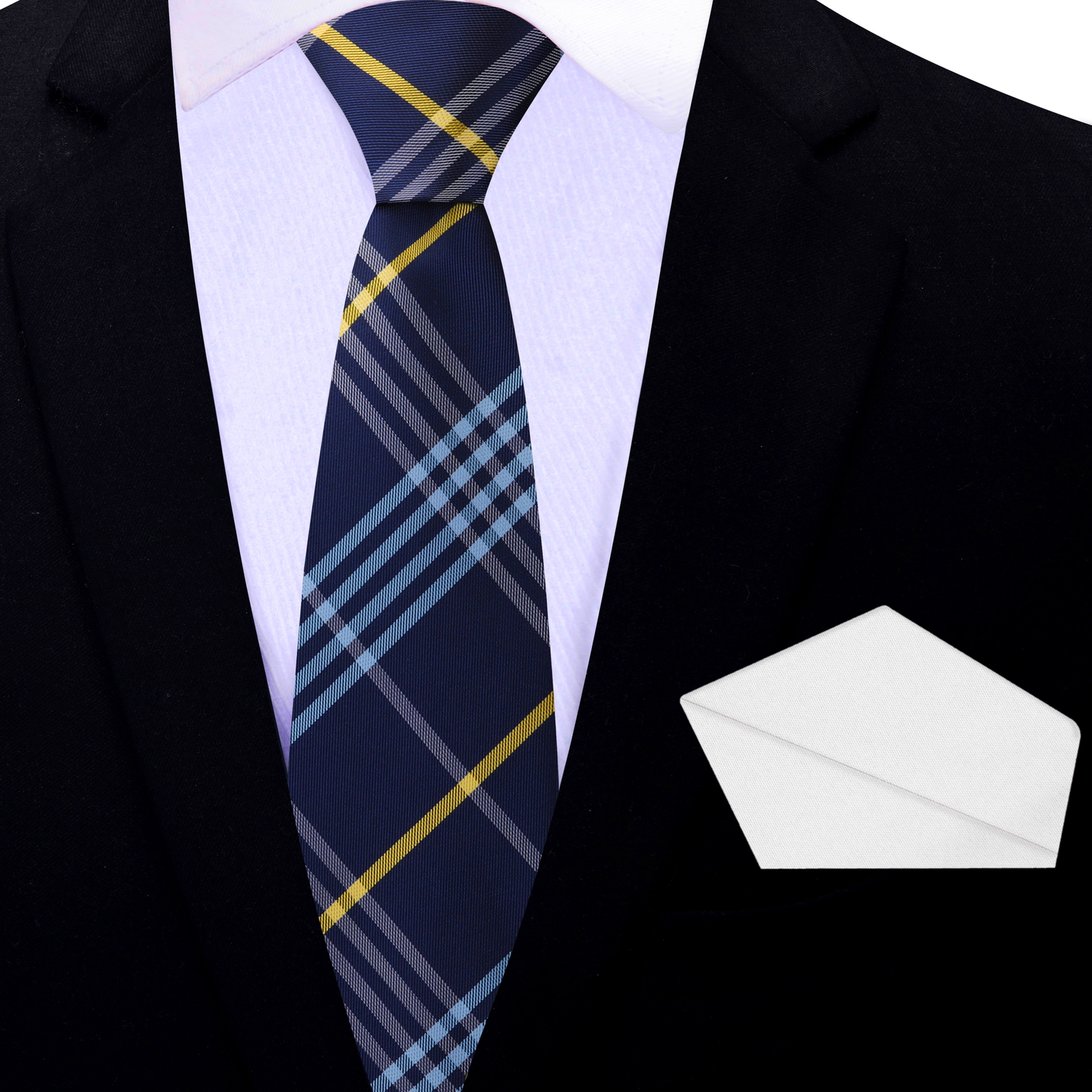Thin Tie: Blue and Yellow Plaid Necktie with White Square