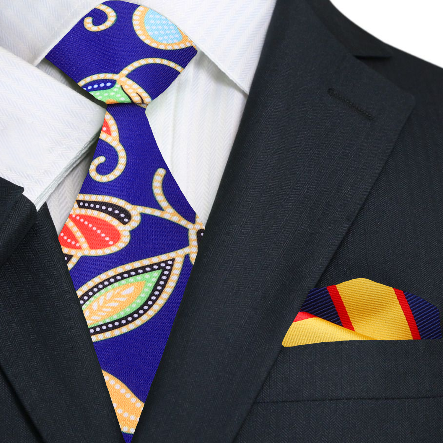 A Dark Blue, Yellow, Red, And Green Abstract Floral Pattern Silk Necktie and Accenting Square