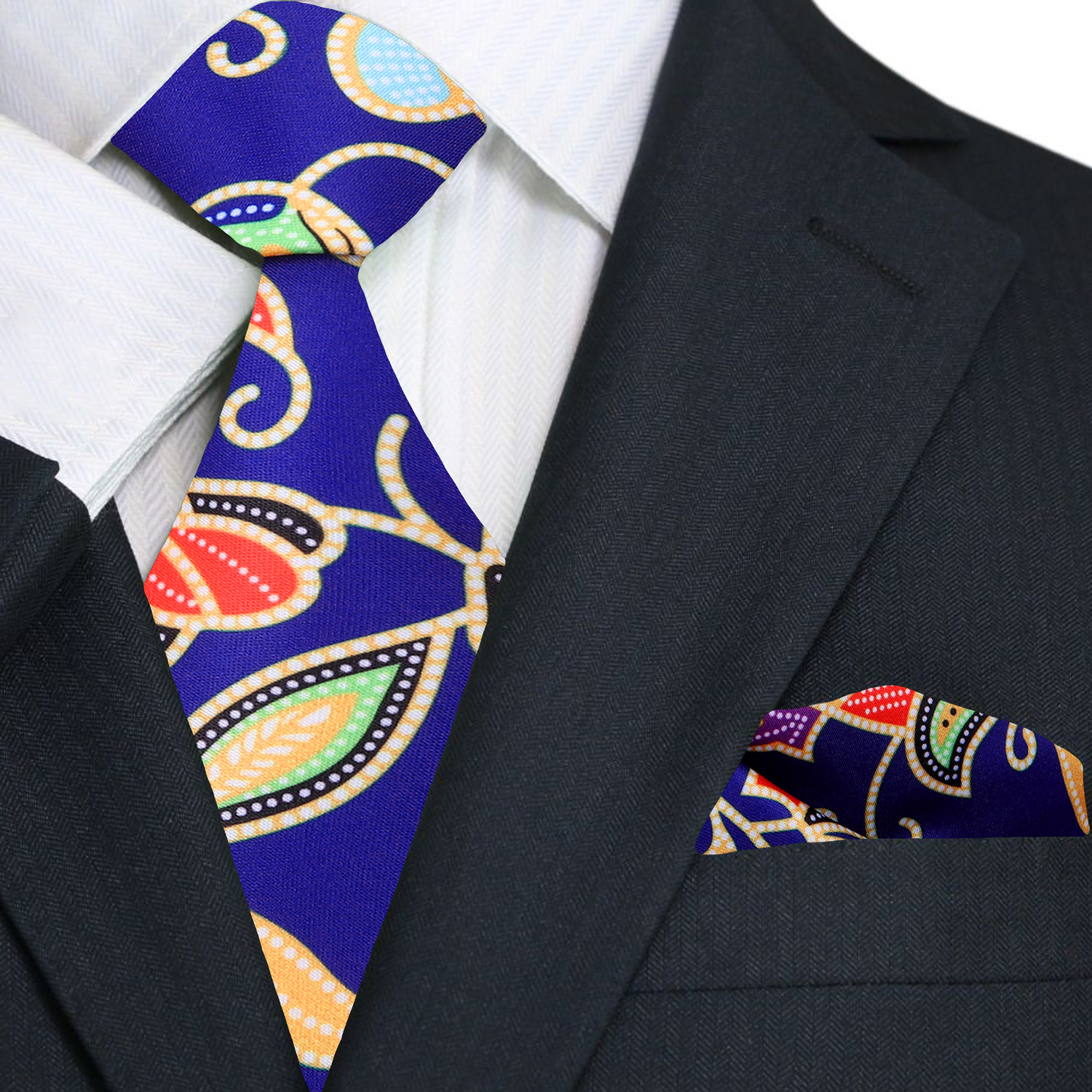 Premium A Dark Blue, Yellow, Red, And Green Abstract Floral Pattern Silk Necktie, Matching Pocket Square