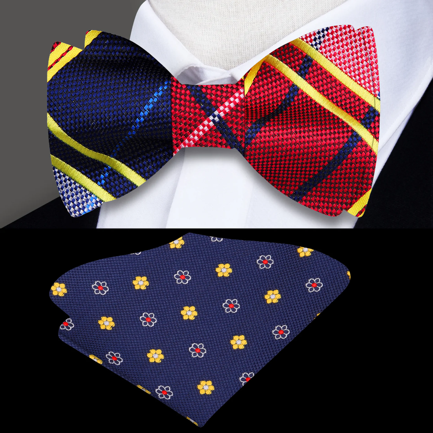 Blue, Red, Yellow Plaid Bow Tie and Accenting Square
