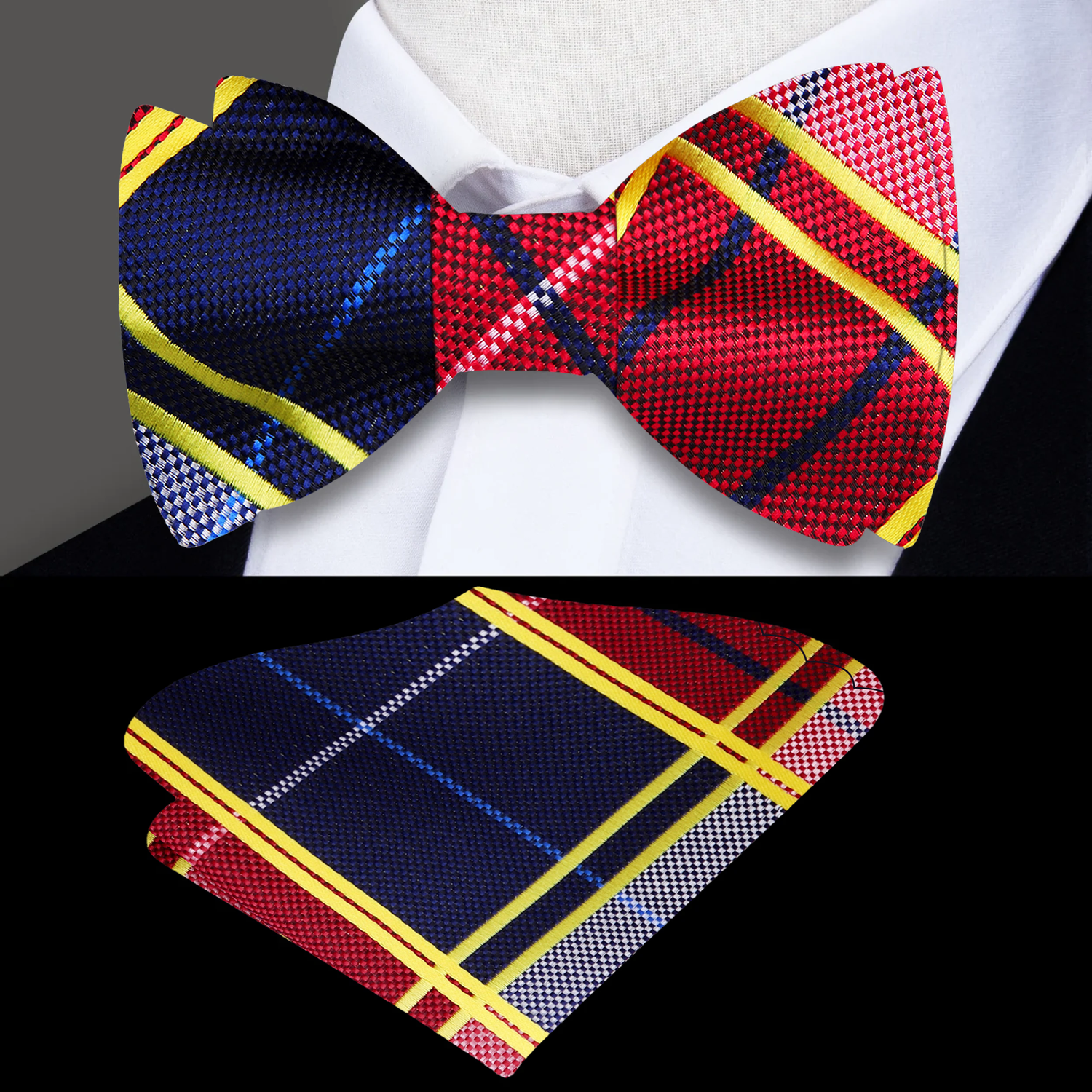 Blue, Red, Yellow Plaid Bow Tie and Square