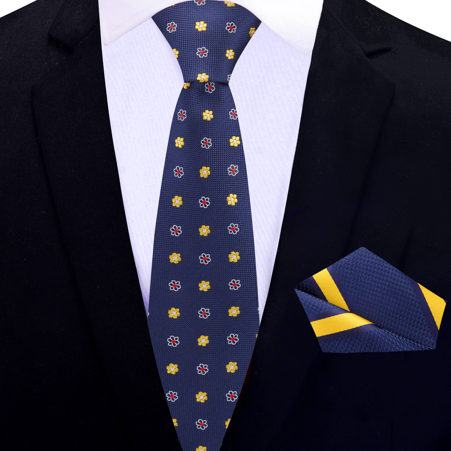 Thin Tie: Blue, Yellow and Red Small Flowers Tie and Blue and Yellow Stripe Square
