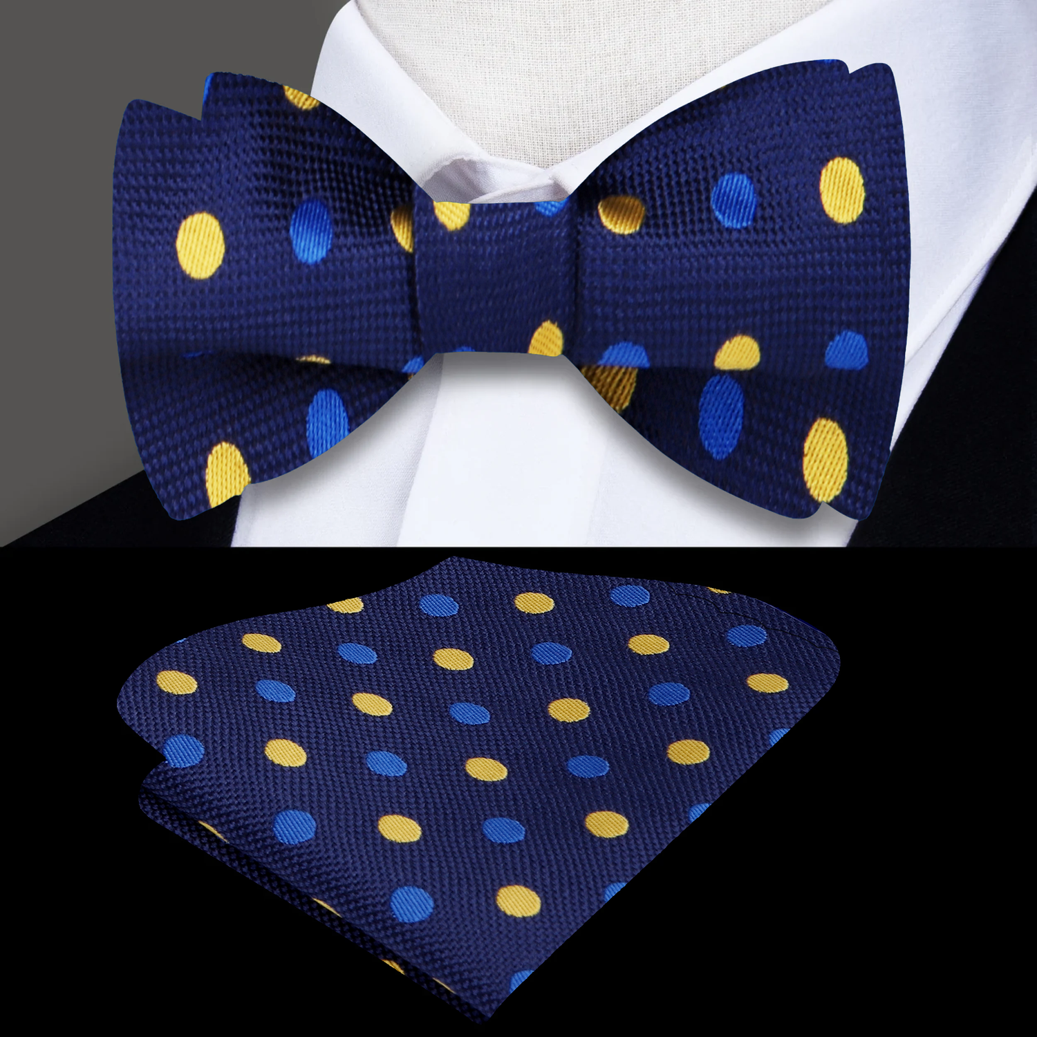 Main View: Blue and Yellow Polka Bow Tie and Pocket Square