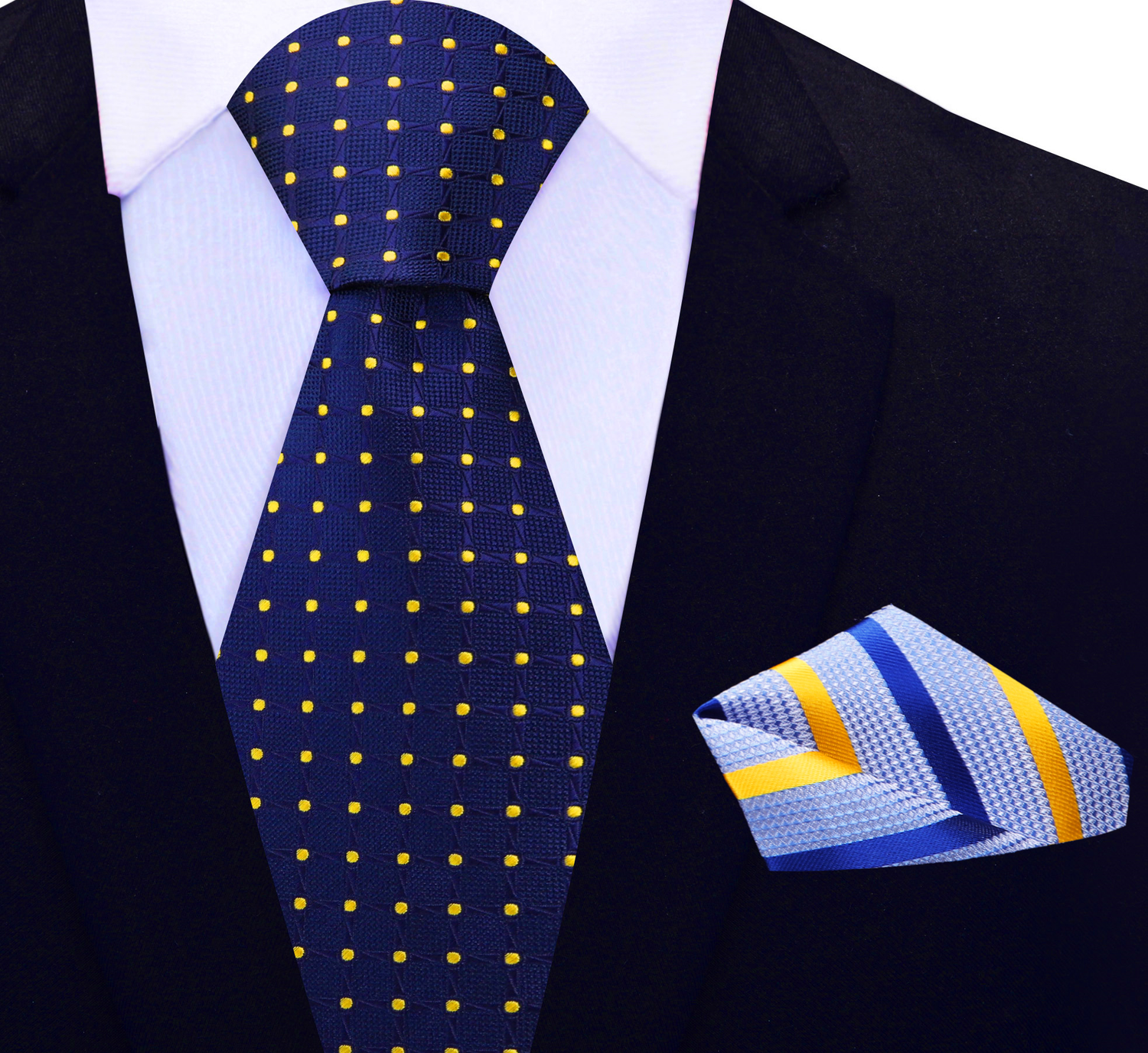 view 2: Blue, Yellow Geometric/Polka Necktie with Blue and Yellow Stripe Square