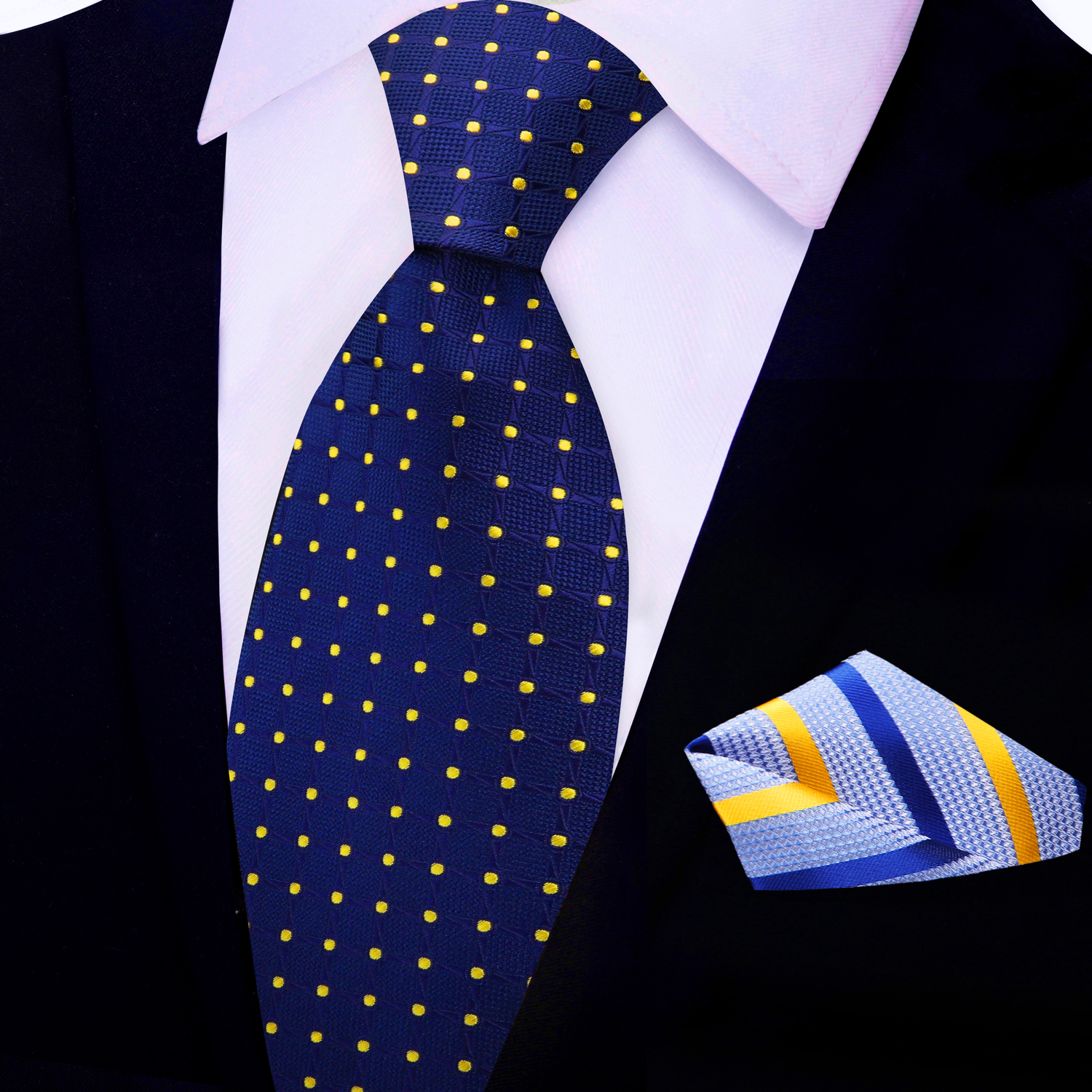 Blue, Yellow Geometric/Polka Necktie with Blue and Yellow Stripe Square