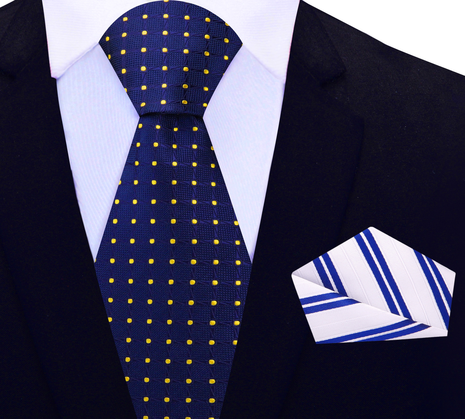 View 2: Blue, Yellow Geometric/Polka Necktie with White and Blue Stripe Square