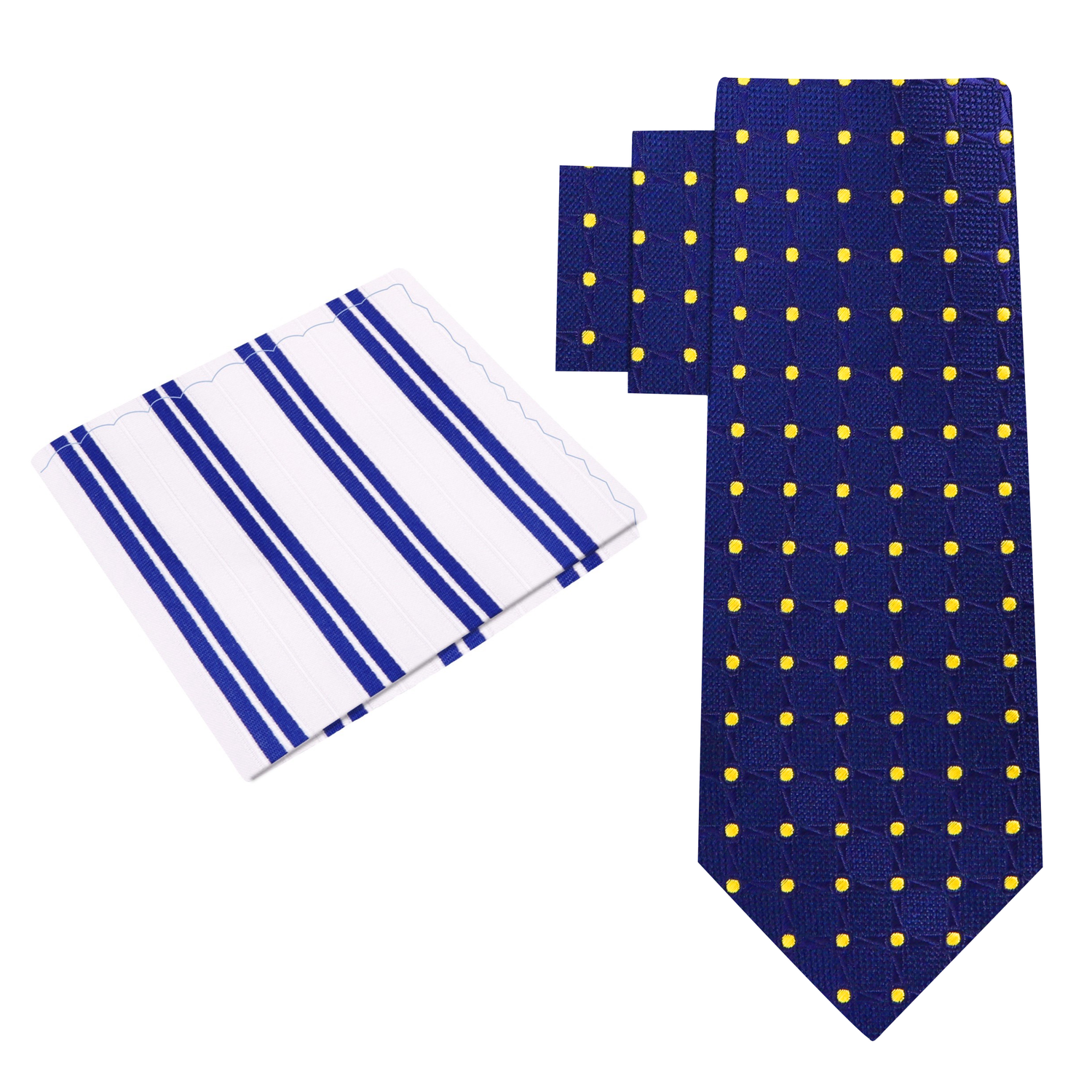 Alt view; Blue, Yellow Geometric/Polka Necktie with White and Blue Stripe Square