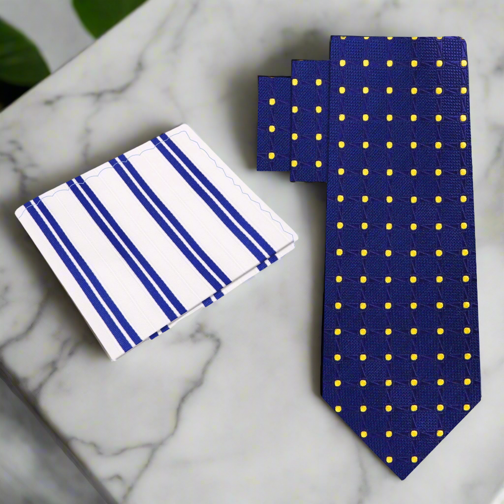 Alt view; Blue, Yellow Geometric/Polka Necktie with White and Blue Stripe Square