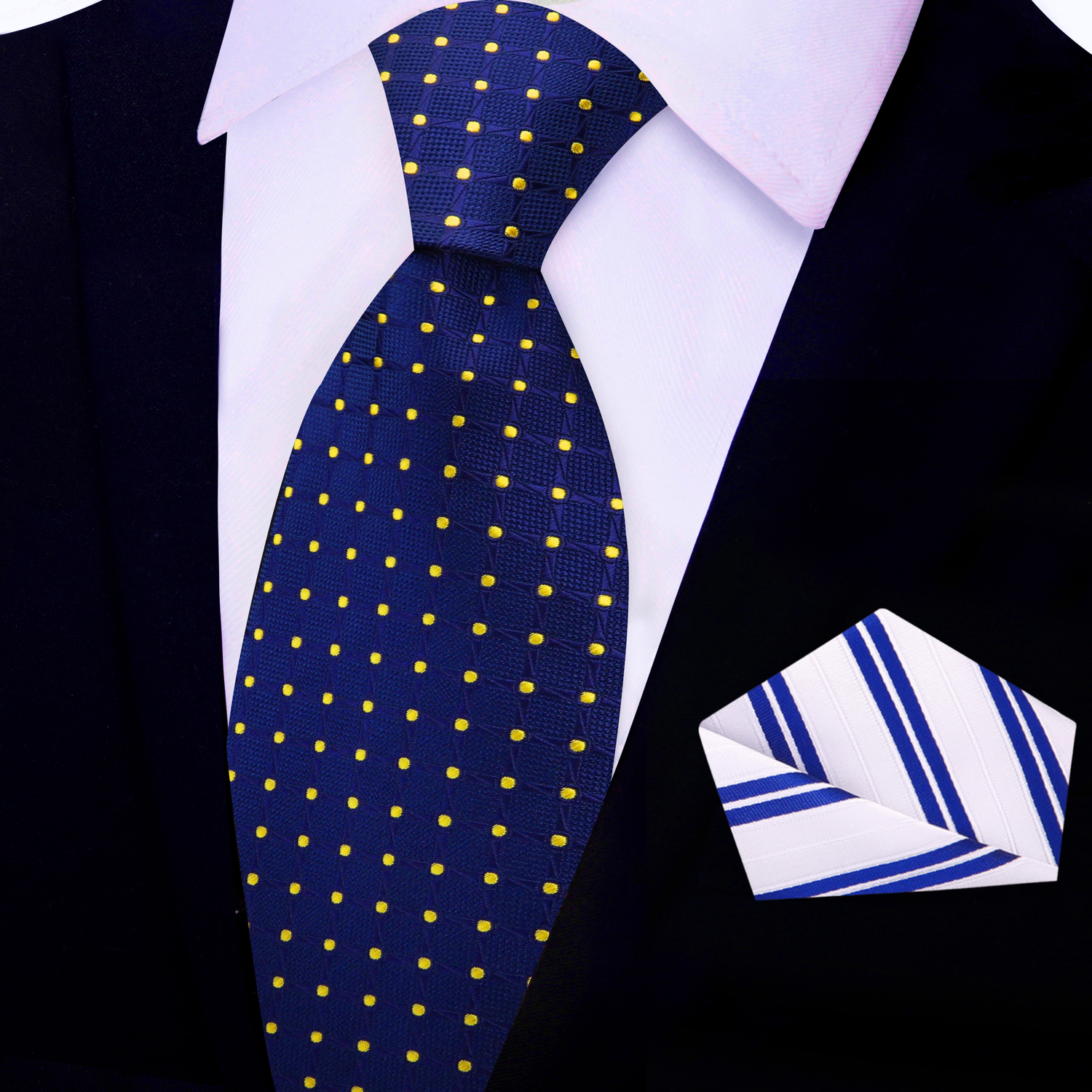 Blue, Yellow Geometric/Polka Necktie with White and Blue Stripe Square