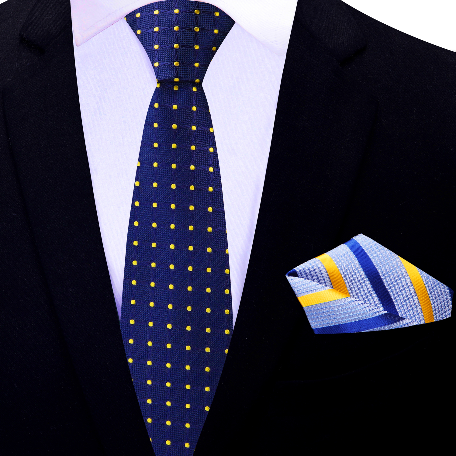 Thin Tie: Blue, Yellow Geometric/Polka Necktie with Blue and Yellow Stripe Square