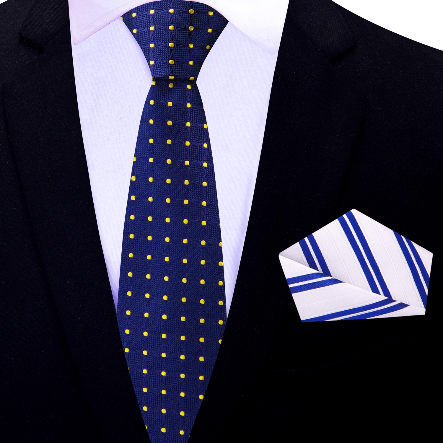 Thin Tie: Blue, Yellow Geometric/Polka Necktie with White and Blue Stripe Square