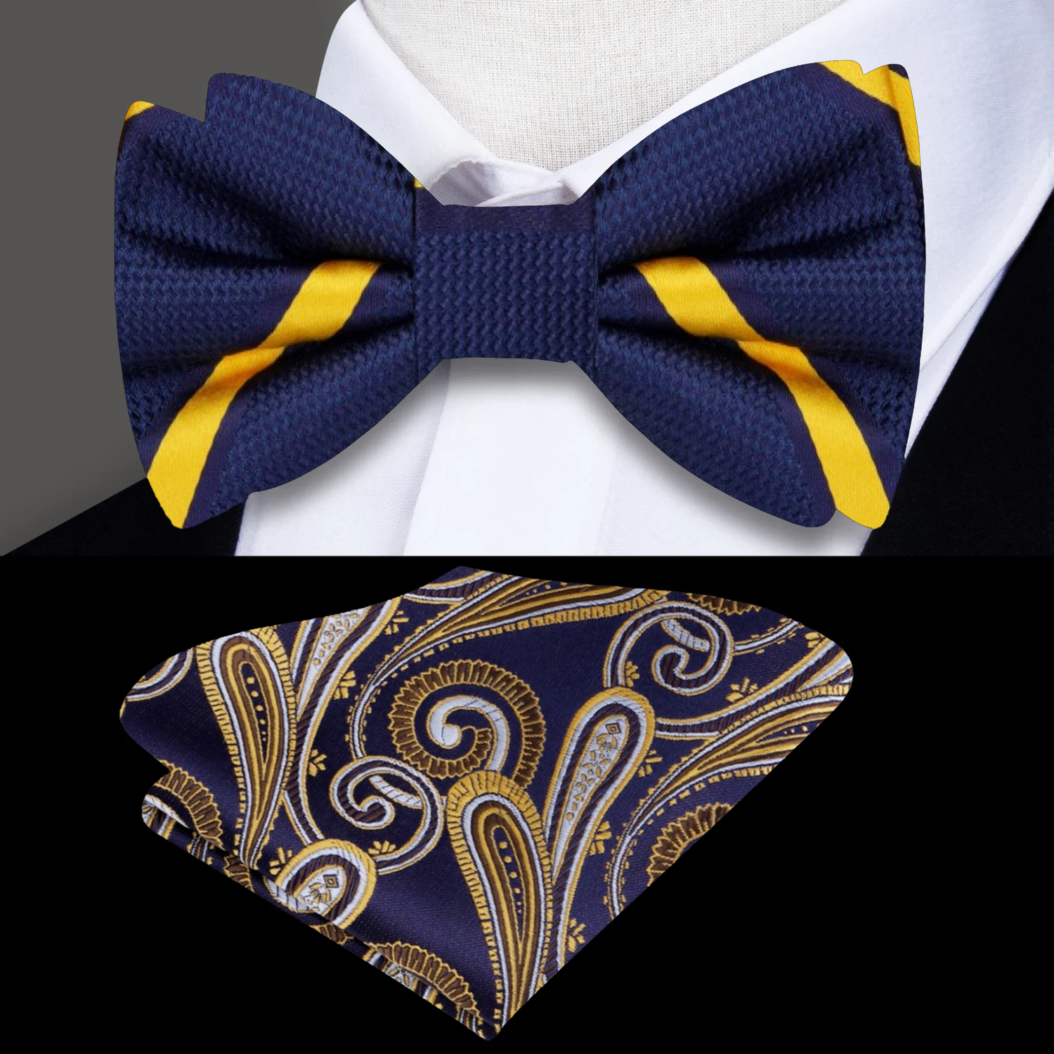 Main View: Blue, Yellow Gold Stripe Bow Tie and Pocket Square