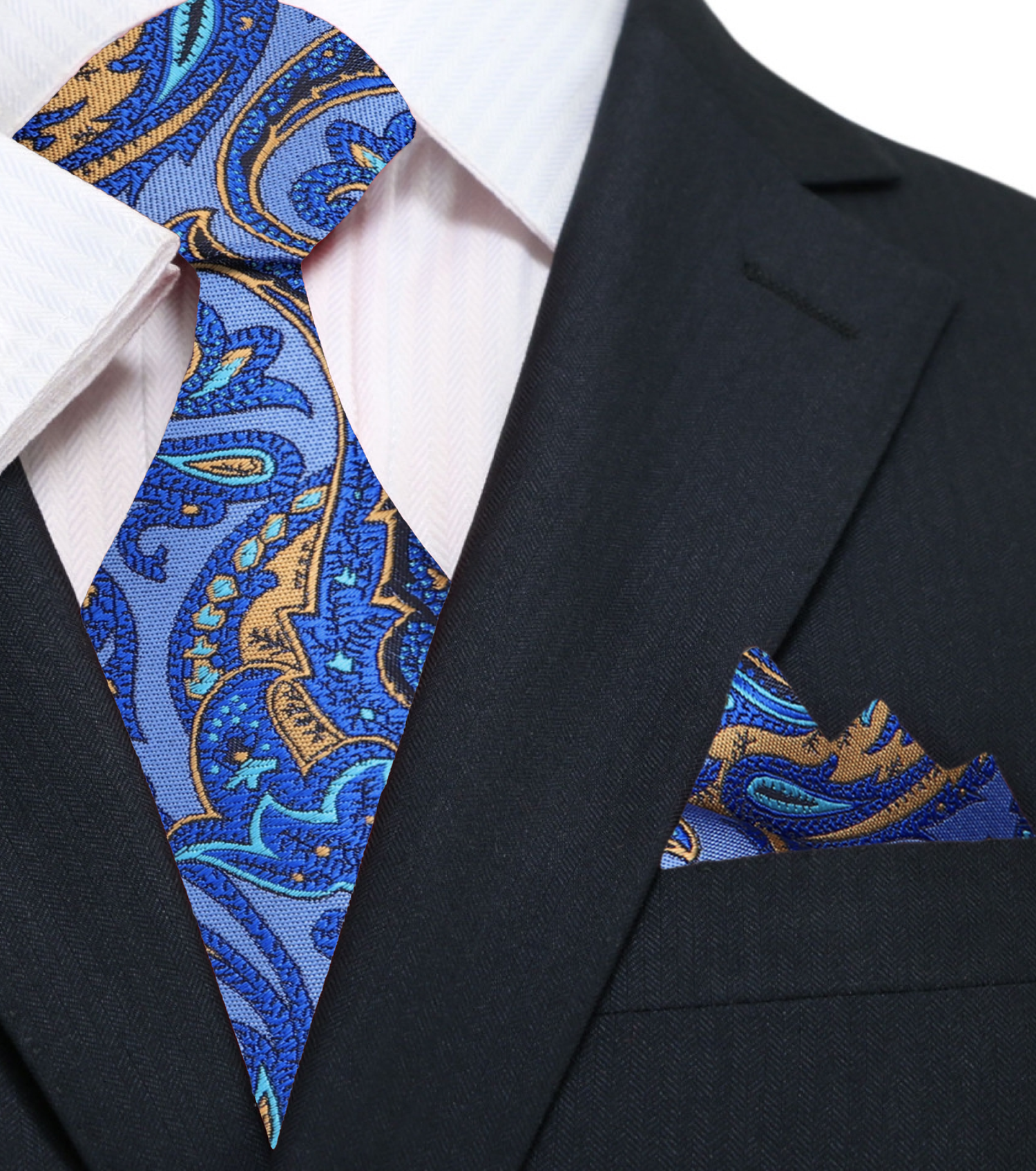 Blue, Yellow Paisley Tie and Pocket Square