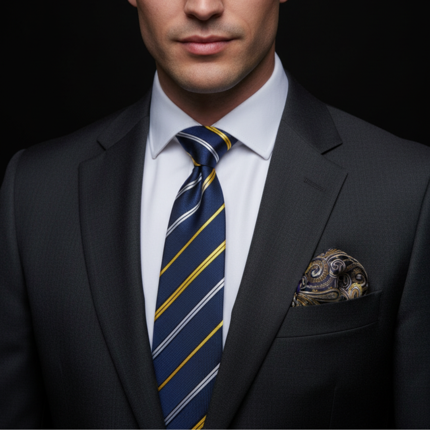 A close-up of a man wearing a dark gray suit, white dress shirt, navy blue striped tie with gold and white accents, and a matching patterned pocket square against a black background.