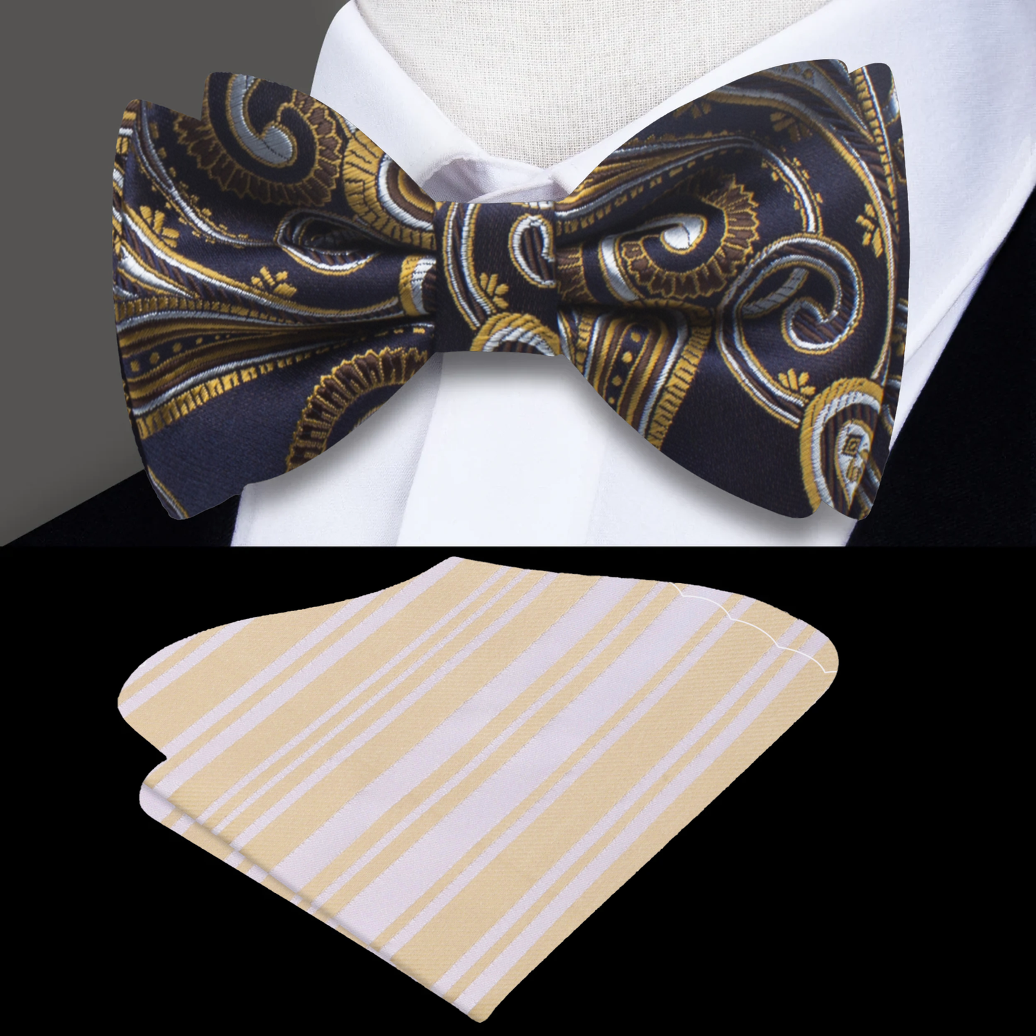 Blue and Gold Paisley Bow Tie wit hYellow Stripe Square