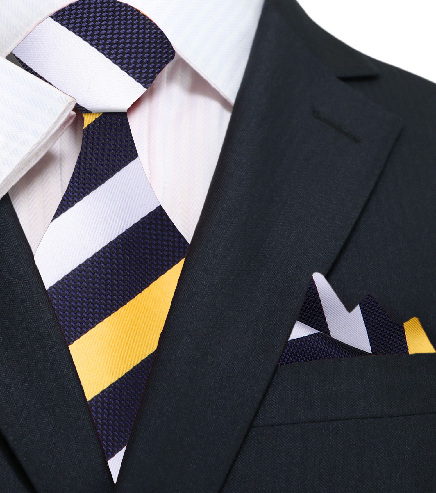 Main: Main View: Yellow, Blue, White Stripe Tie and Pocket Square