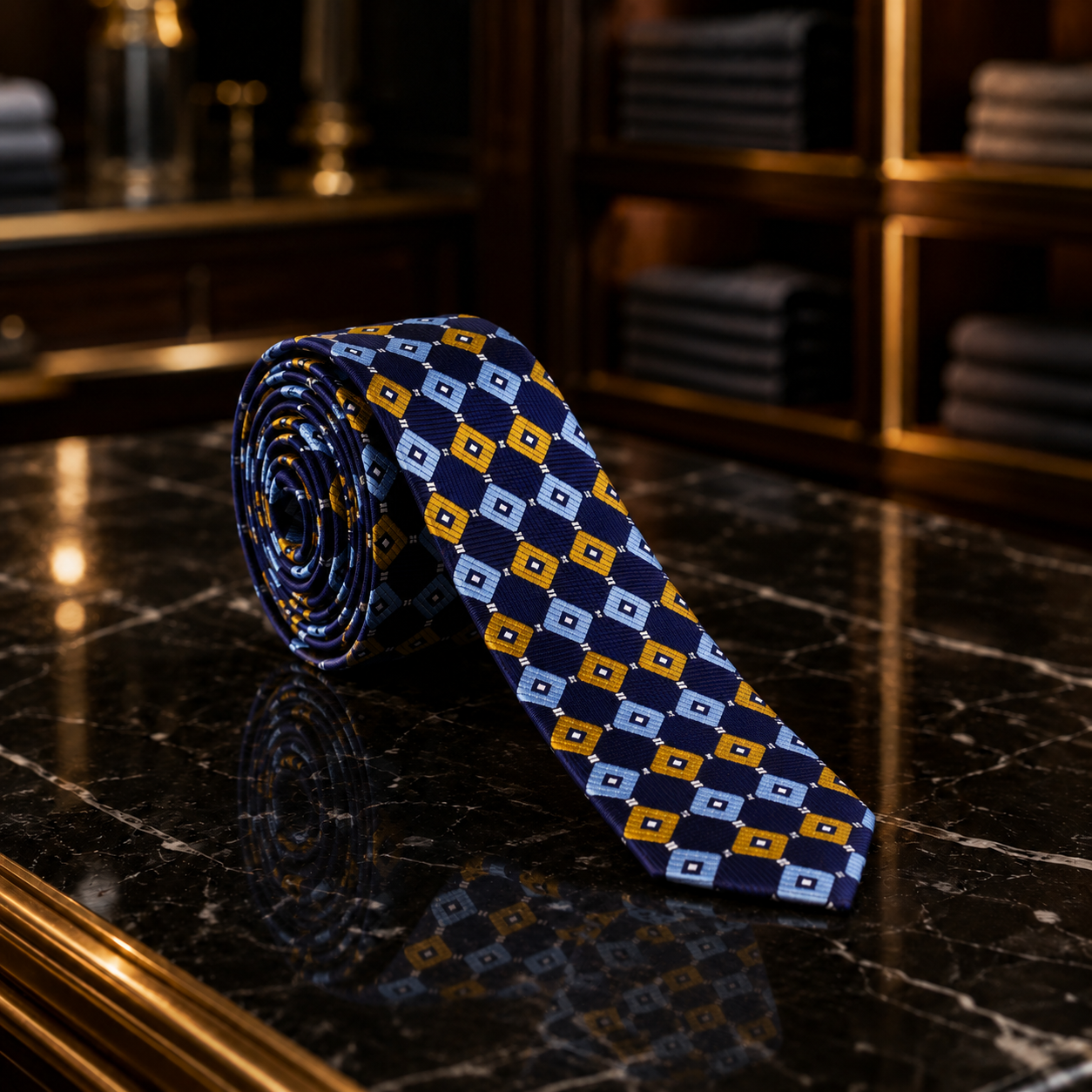 Dark Blue Geometric Diamond Necktie with Light Blue and Yellow Accents