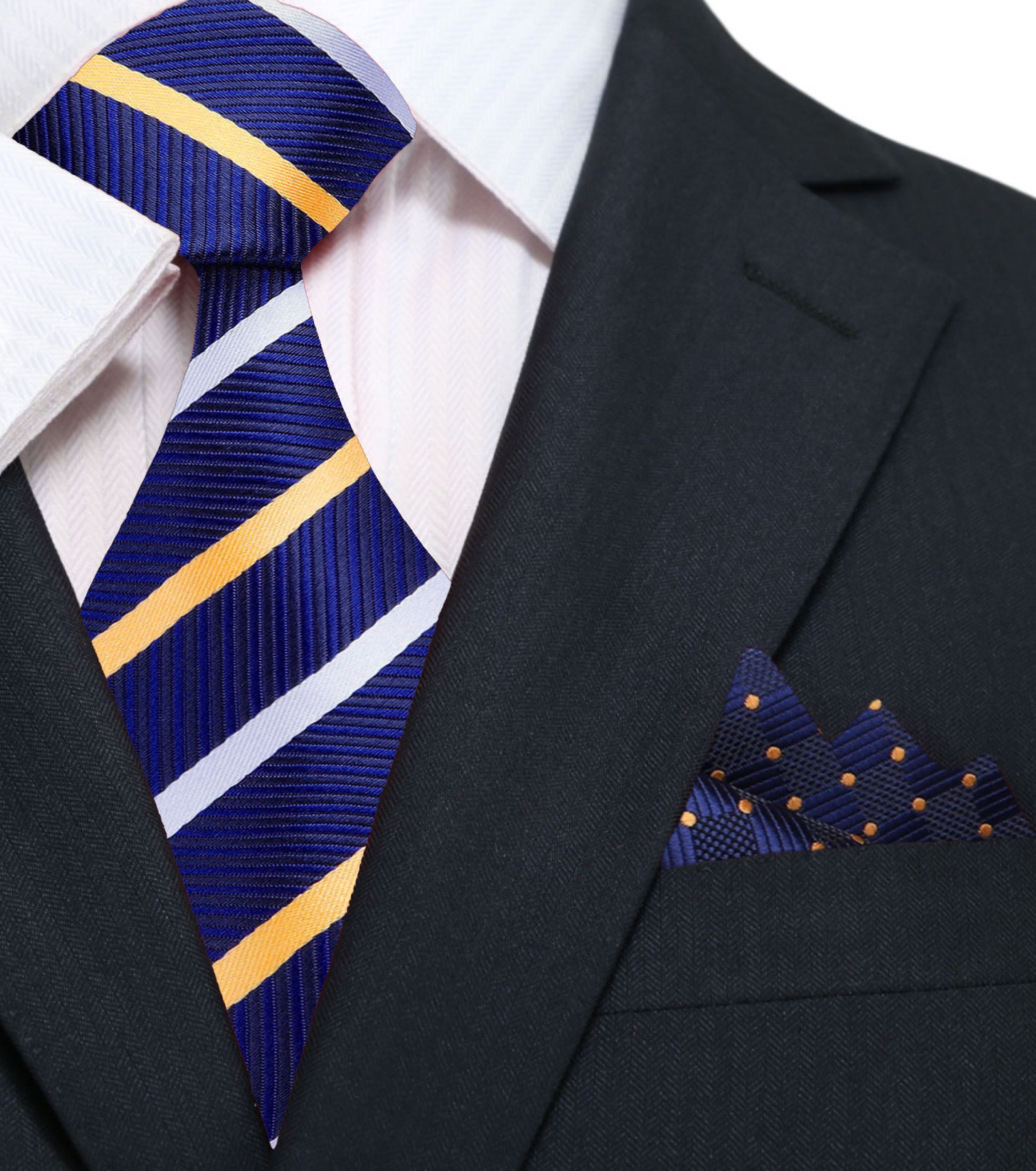 Blue Gold White Stripe Tie with Blue Gold Dot Square