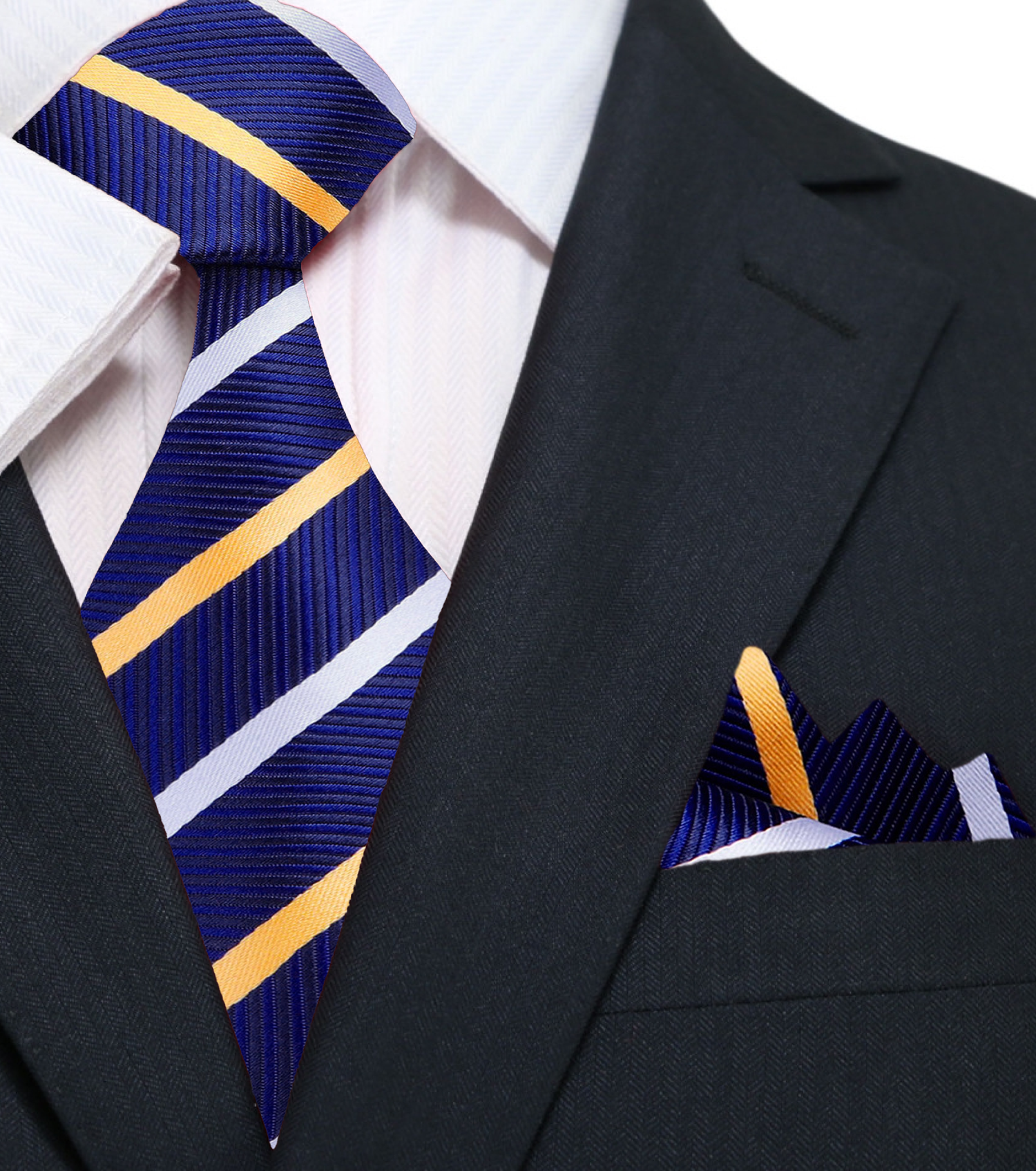 A Dark Blue, Gold, White Stripe Pattern Silk Necktie, Matching Pocket Square