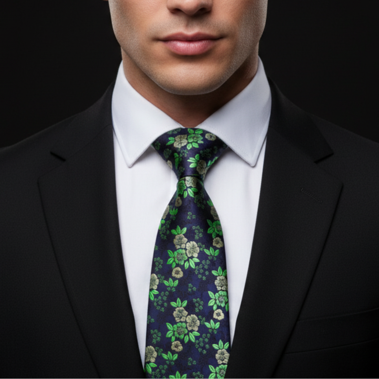 Man wearing a black suit with a white shirt and a floral tie against a dark background