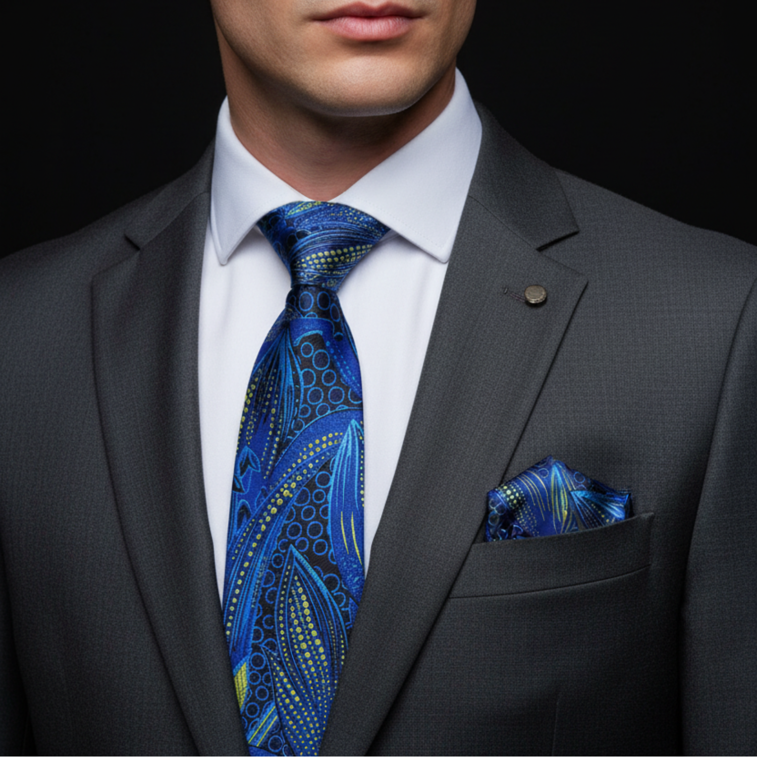 Blue, Yellow and Black Tulip Necktie and Square on man