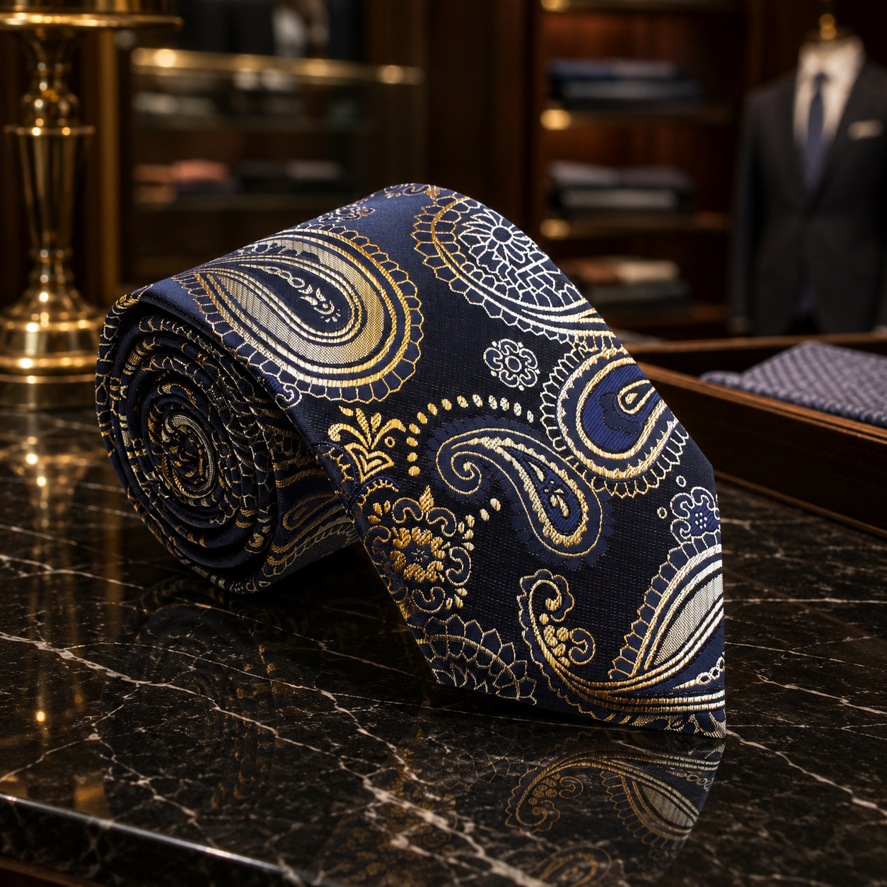 A rolled necktie with a navy blue paisley pattern and gold, beige, and white detailing, displayed on a polished black marble surface in a luxury suit store setting.