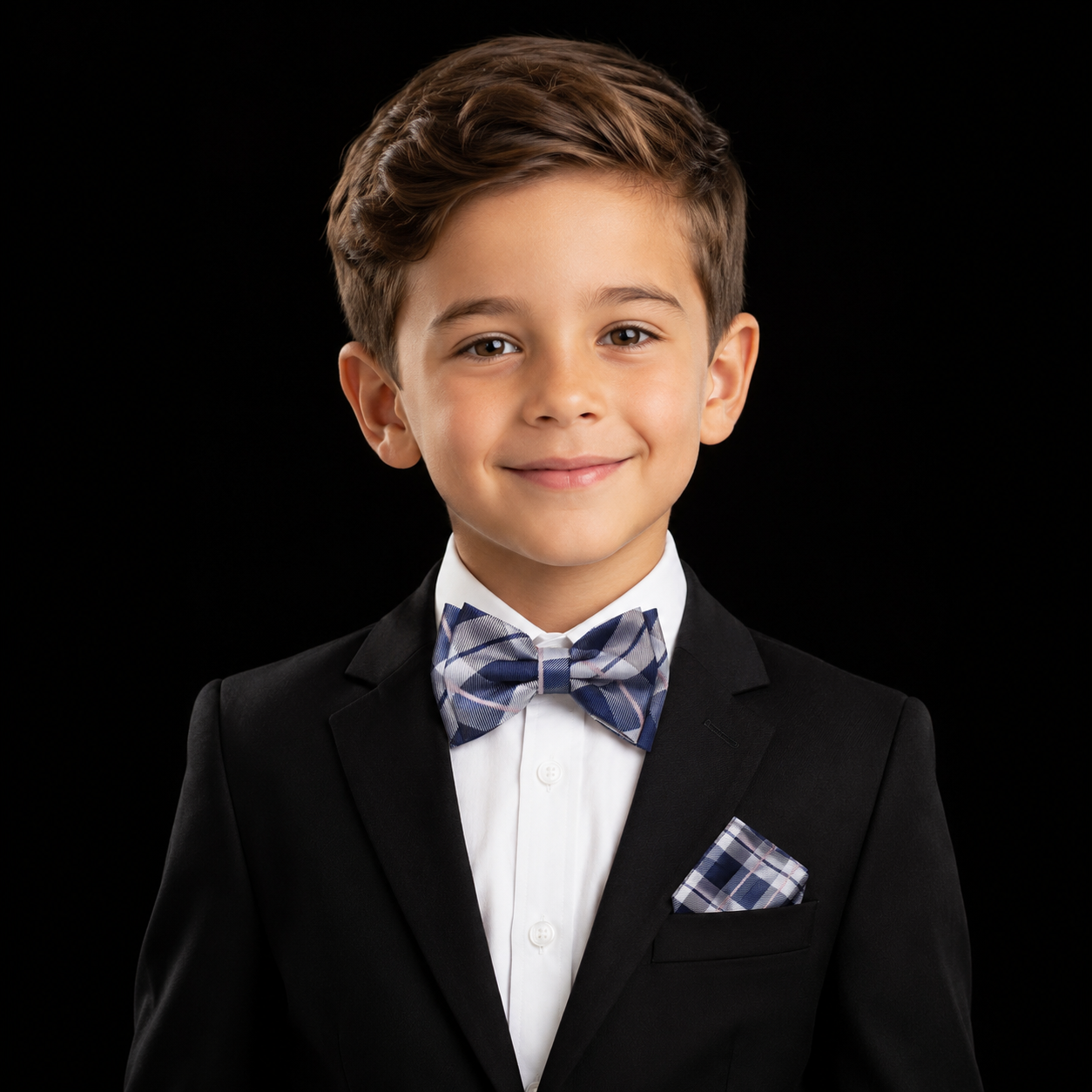 A young boy wearing a black suit jacket, white dress shirt, and a blue and white plaid bow tie with a matching pocket square, set against a solid black background.