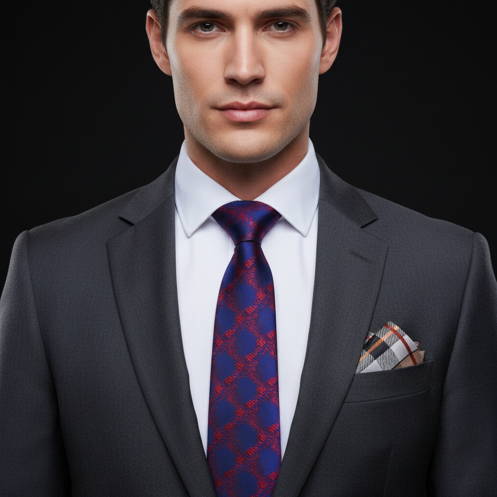 Man wearing a dark suit with a blue and red patterned tie and plaid pocket square on a black background